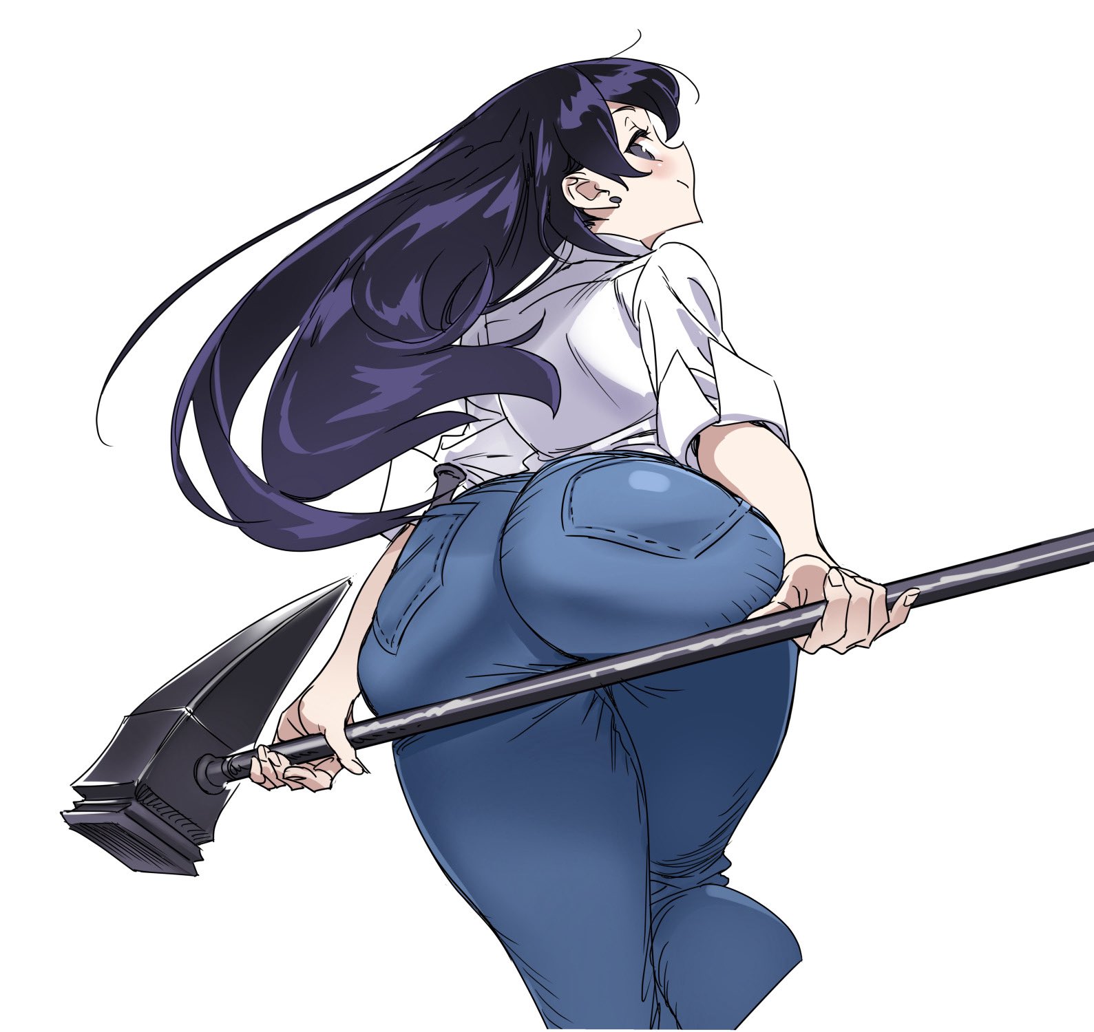 nishieda, arato nagi, ruri no houseki, commentary request, highres, 1girl, ass, black eyes, black hair, cropped legs, denim, from behind, hammer, holding, holding hammer, jeans, long hair, looking at viewer, looking back, pants, shirt, simple background, solo, white background, white shirt