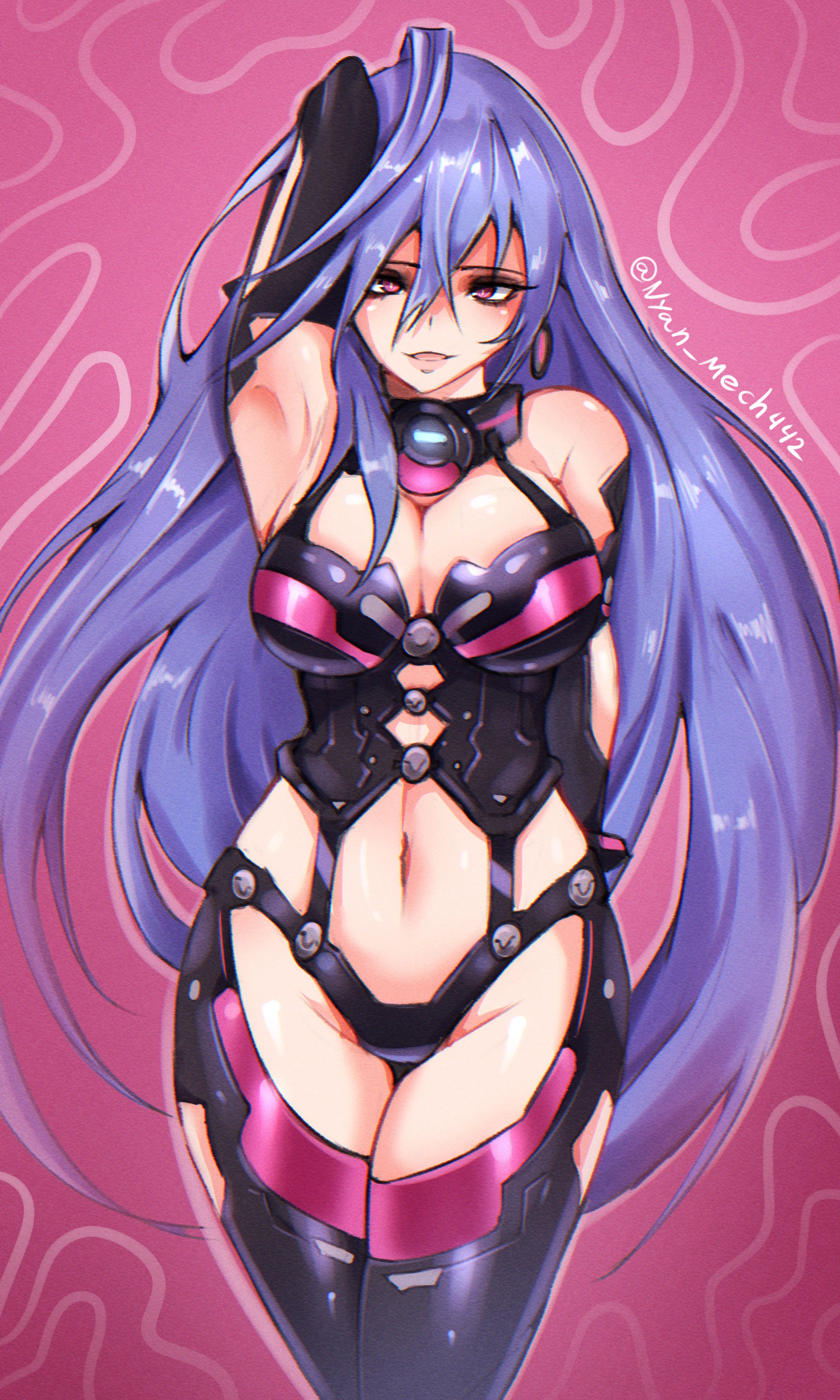 nyanmech, iris heart (neptunia), kami jigen game neptune v, neptune (series), absurdres, highres, 1girl, arm behind head, black bodysuit, black gloves, blue hair, bodysuit, breasts, clothing cutout, earrings, elbow gloves, gloves, hair between eyes, hip vent, hoop earrings, jewelry, large breasts, long hair, looking at viewer, navel, pink background, pink eyes, power symbol, power symbol-shaped pupils, revealing clothes, solo, symbol-shaped pupils, very long hair, wide hips