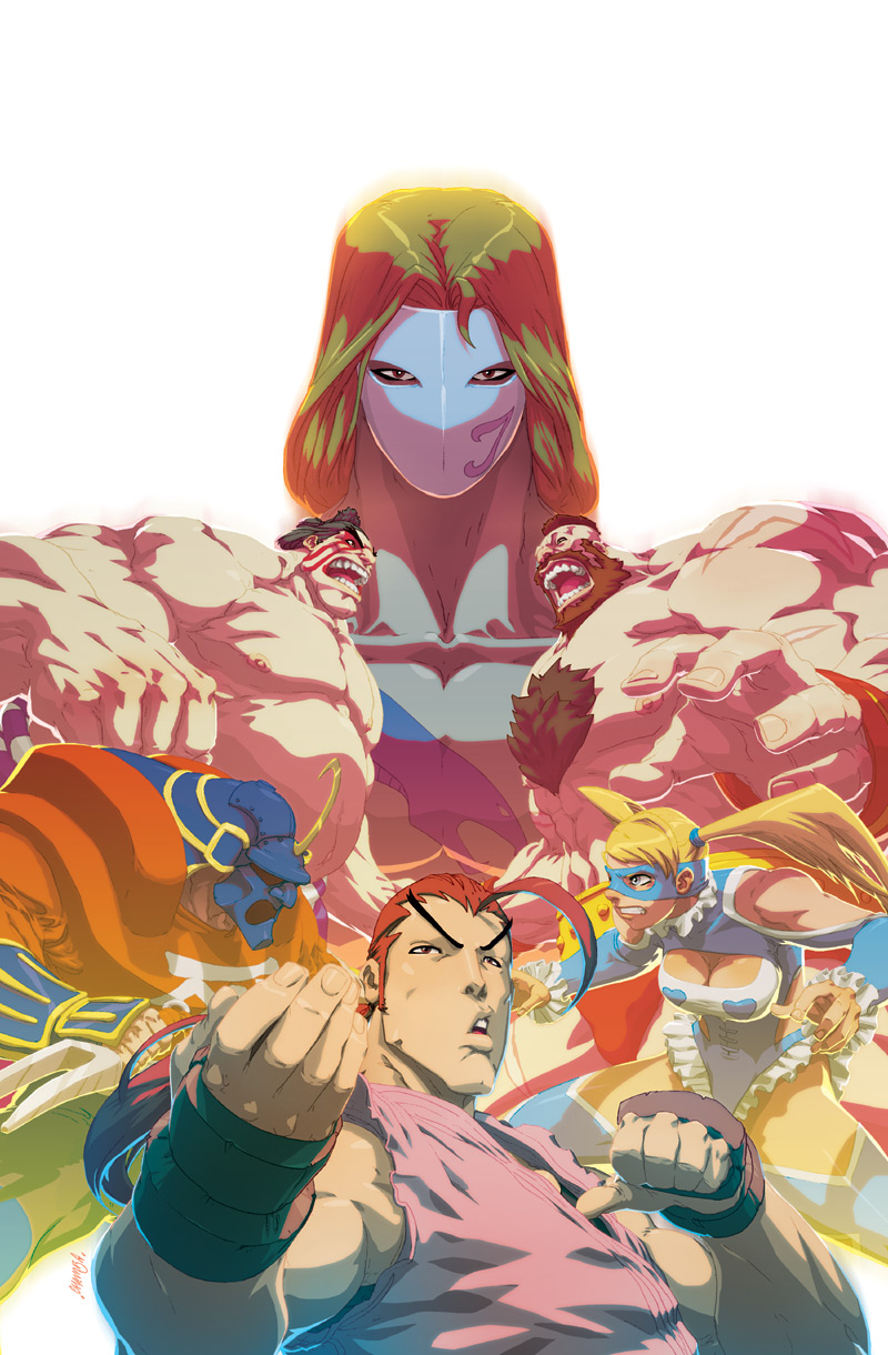 chamba, e. honda, hibiki dan, rainbow mika, sodom, vega (street fighter), zangief, capcom, final fight, street fighter, street fighter zero (series), highres, 1990s (style), 1girl, 5boys, ahoge, armor, black hair, blonde hair, breasts, brown hair, cleavage, heart, long hair, looking at viewer, mask, multiple boys, muscular, red eyes, retro artstyle, simple background, thighhighs, twintails, white background