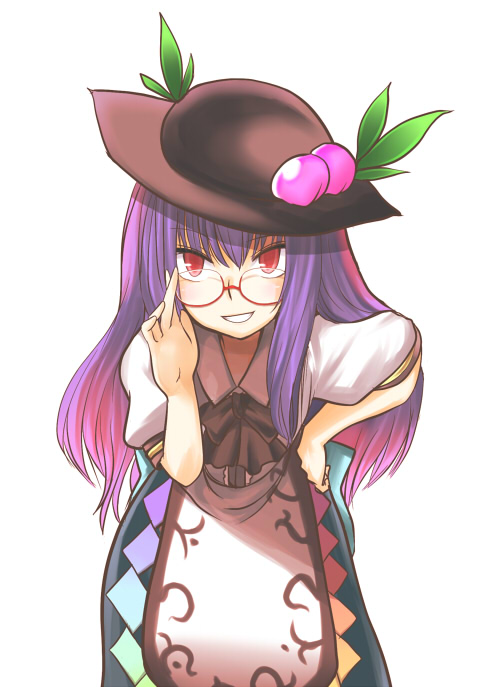 hane (hanegoya), hinanawi tenshi, touhou, 1girl, adjusting eyewear, bespectacled, blue hair, female focus, food, fruit, glasses, gradient hair, hand on own hip, hat, hip focus, leaning forward, looking at viewer, multicolored hair, peach, red eyes, smile, solo