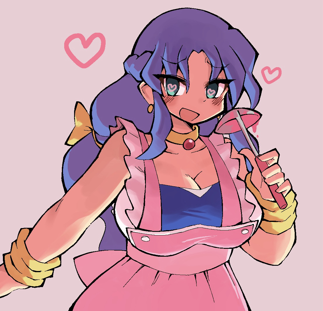 rulue (puyopuyo), puyopuyo, puyopuyo quest, gold collar, commentary, 1girl, apron, blue eyes, blue hair, blue tube top, blush, breasts, cleavage, collarbone, curtained hair, earrings, frilled apron, frills, heart, heart in eye, holding, holding ladle, jewelry, kurokogeee, ladle, large breasts, long hair, looking at viewer, official alternate costume, open mouth, pink apron, pink background, rulue (melty kitchen), sidelighting, simple background, smile, solo, strapless, symbol in eye, tube top, upper body, wrist cuffs, yellow wrist cuffs