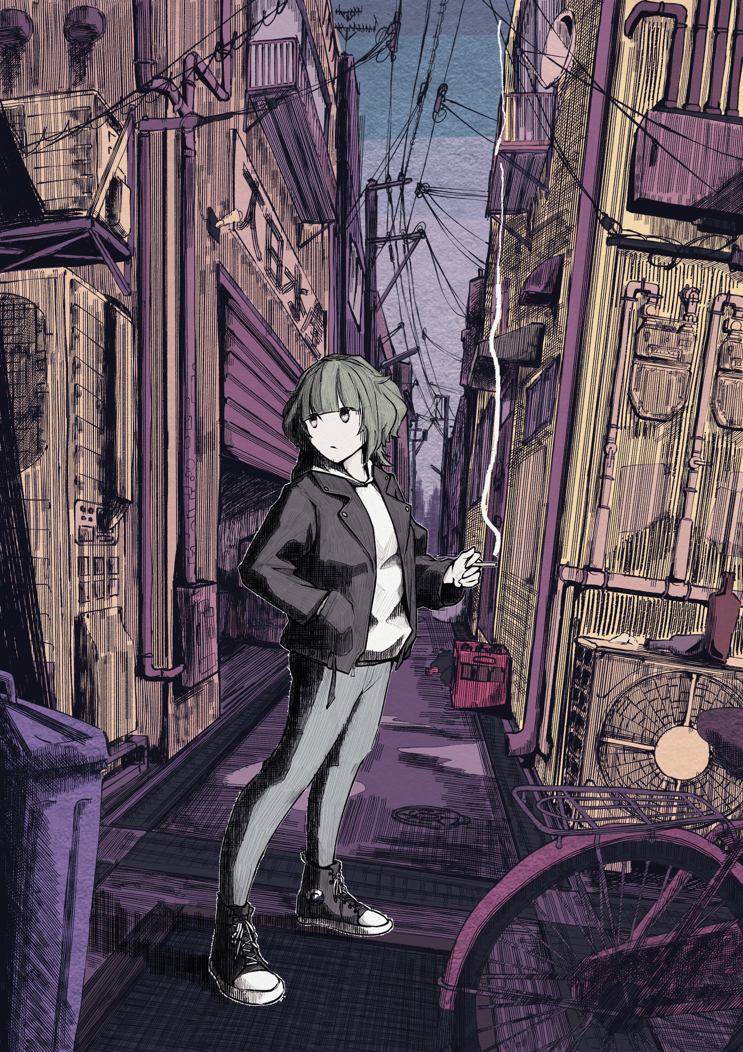 original, commentary request, highres, 1girl, alley, bicycle, black jacket, black shoes, blunt bangs, building, cigarette, closed mouth, condenser unit, drainpipe, full body, grey eyes, grey hair, grey pants, hand in pocket, hatching (texture), holding, holding cigarette, hood, hood down, hoodie, industrial pipe, jacket, koyubi midi, leather, leather jacket, long sleeves, looking to the side, open clothes, open jacket, outdoors, pants, shoelaces, shoes, short hair, sky, smoke, solo, standing, trash can, utility pole, white hoodie