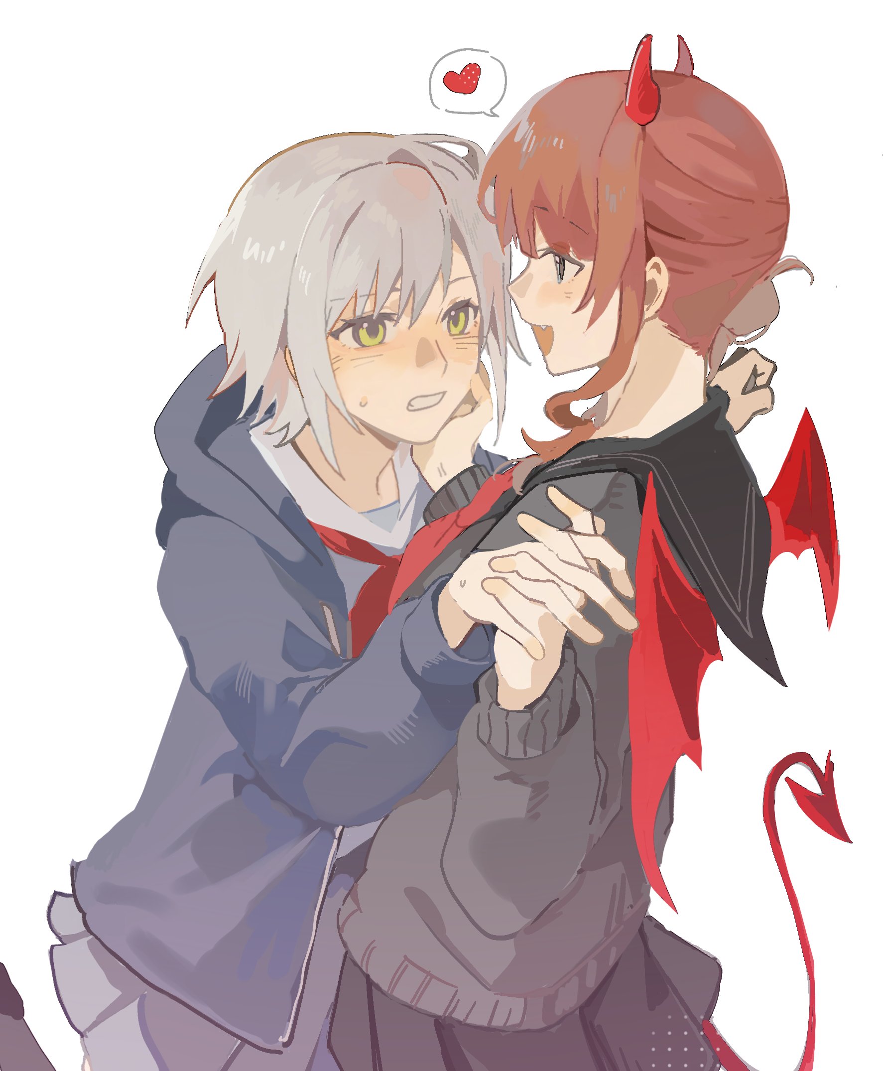 hinomori shiho, mochizuki honami, project sekai, highres, 2girls, black sailor collar, black skirt, blue hoodie, brown hair, clenched teeth, demon horns, demon tail, fang, green eyes, grey hair, heart, holding hands, hood, hoodie, horns, interlocked fingers, kumo16 1, long hair, multiple girls, neckerchief, open mouth, pleated skirt, red neckerchief, sailor collar, short hair, simple background, skirt, smile, spoken heart, tail, teeth, white background, white sailor collar, yuri