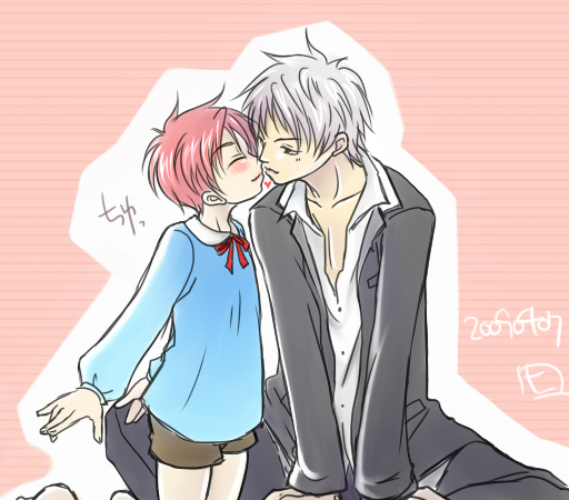 hirohide, hiro (usukawa), silver hair, tagme, 2boys, blush, child, closed eyes, heart, kiss, male focus, multiple boys, open clothes, open shirt, pink hair, red eyes, ribbon, shirt, shorts, smile, yaoi
