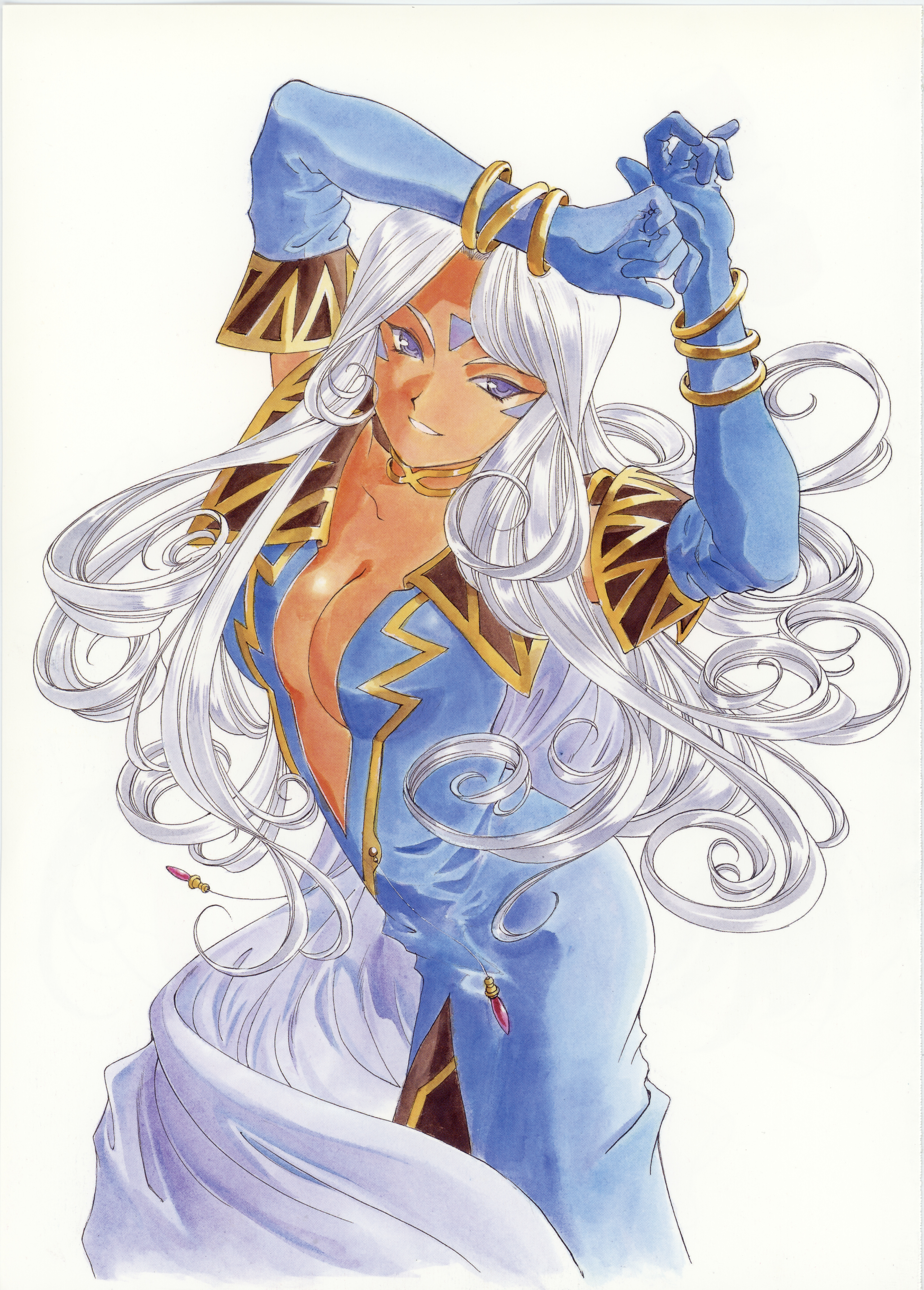 fujishima kousuke, urd (aa megami-sama), aa megami-sama, absurdres, highres, non-web source, official art, 1girl, arms up, bracelet, breasts, center opening, choker, cleavage, dark-skinned female, dark skin, detached sleeves, dress, facial mark, forehead mark, jewelry, large breasts, long hair, looking at viewer, metal bracelet, necklace, plunging neckline, purple dress, purple eyes, self-scan, side slit, smile, solo, very long hair, white background, white hair