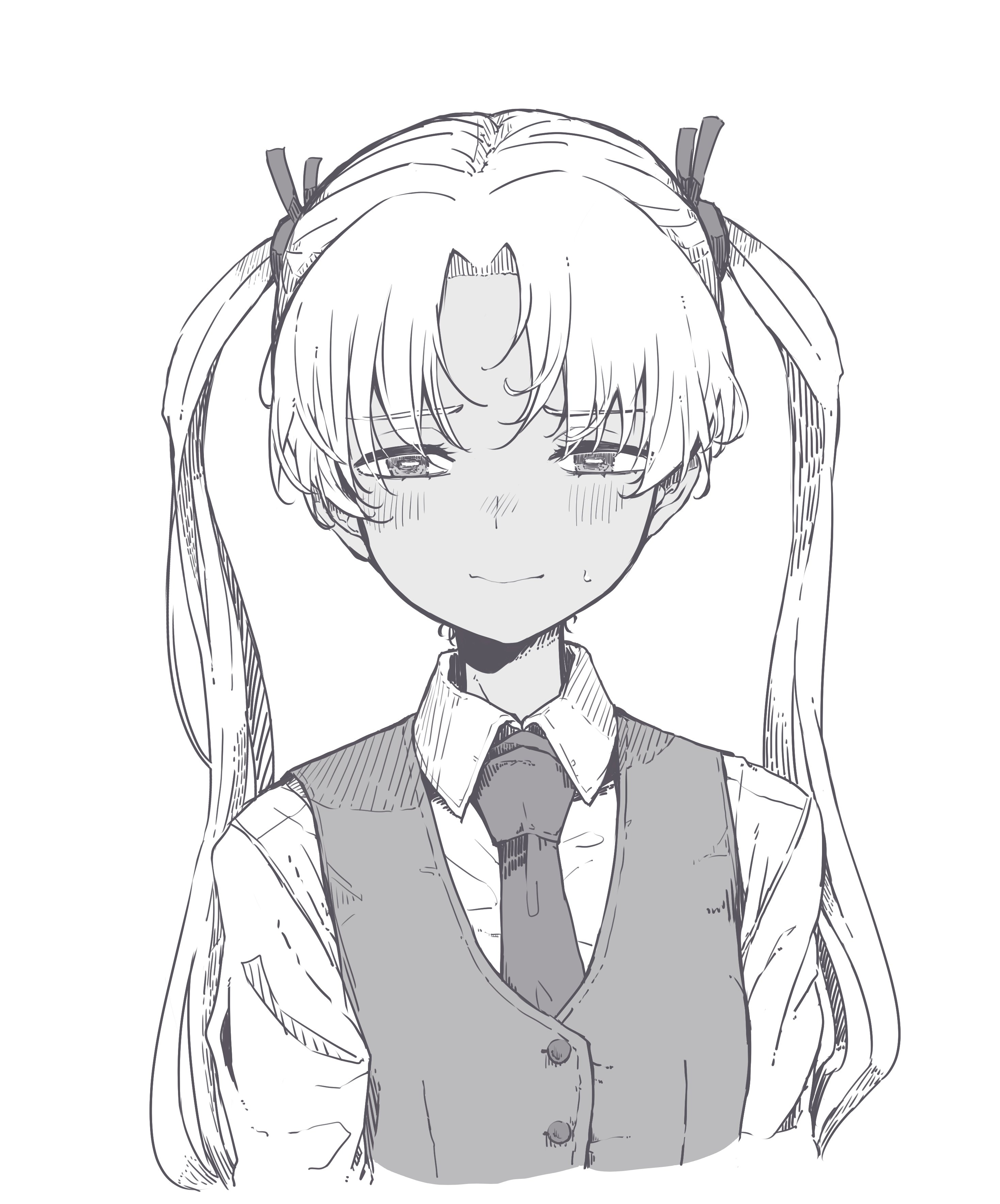 shichisaburo, triela, gunslinger girl, absurdres, commentary, highres, 1girl, cropped torso, dark-skinned female, dark skin, greyscale, half-closed eyes, long hair, long sleeves, monochrome, necktie, nervous smile, shirt, simple background, smile, solo, sweatdrop, twintails, upper body, vest, white background, wing collar