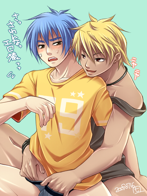 hirohide, 2boys, blonde hair, blue hair, blush, fangs, jewelry, male focus, molestation, multiple boys, necklace, open mouth, plaster, smile, sweatdrop, underwear, yaoi