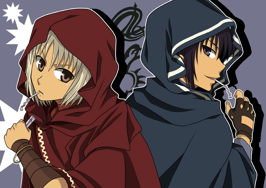 saklo, alphard (canaan), canaan (character), 428, 428: fuusa sareta shibuya de, canaan (series), chunsoft, bad id, bad pixiv id, 2girls, black hair, brown eyes, cape, fingerless gloves, gloves, hood, jewelry, multiple girls, short hair, white hair