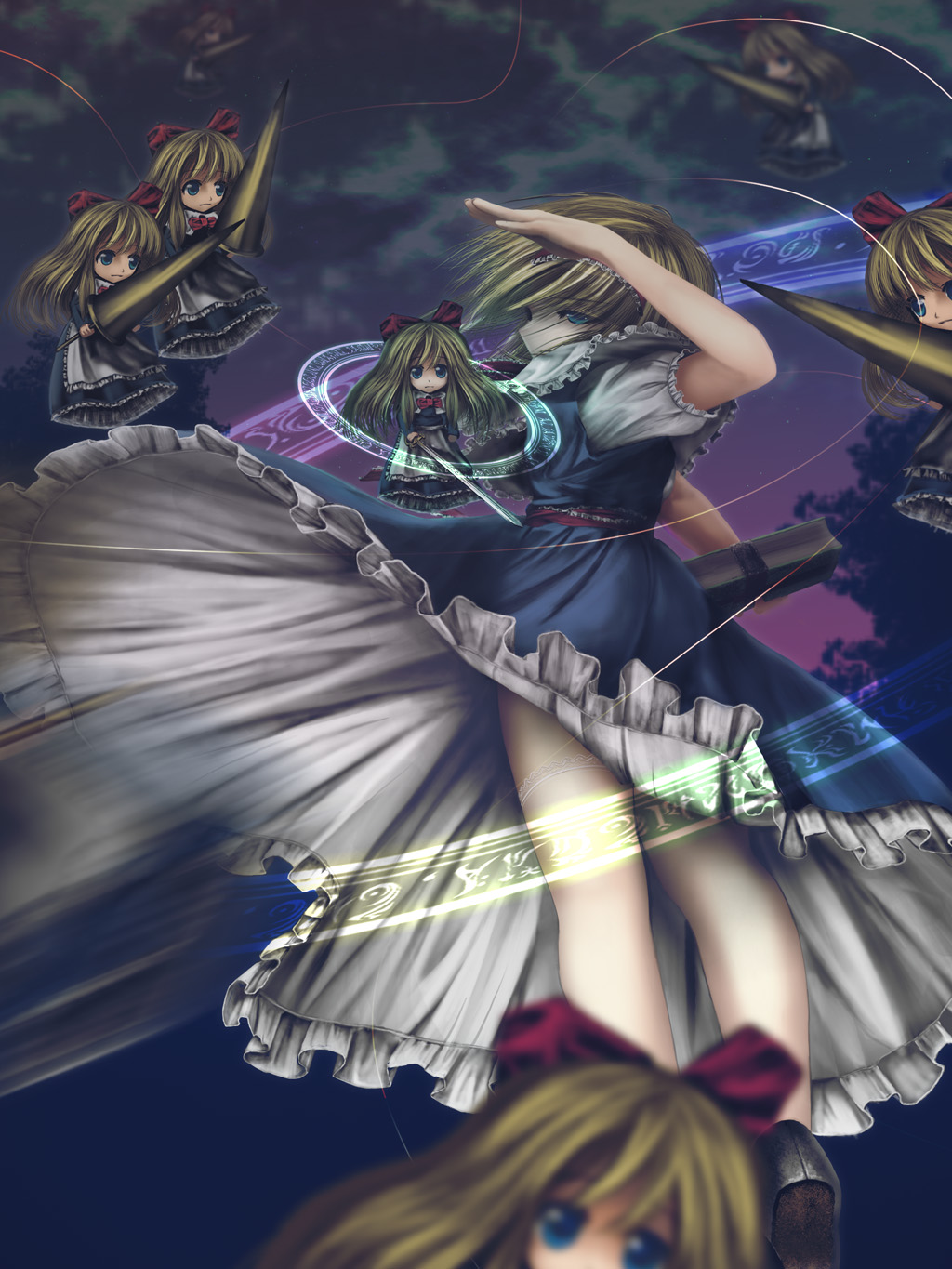 niwatori takeshi, alice margatroid, shanghai doll, touhou, lace-trimmed legwear, highres, 1girl, blonde hair, blue eyes, blurry, book, depth of field, doll, female focus, grimoire, grimoire of alice, hairband, lace, lace trim, lance, long hair, magic circle, night, polearm, short hair, solo, spear, thighhighs, weapon, white thighhighs