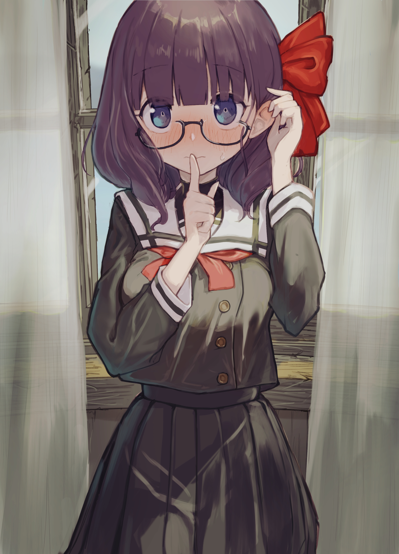 bouhuman, original, commentary request, highres, 1girl, black-framed eyewear, black shirt, black skirt, blue eyes, blunt bangs, blush, breasts, closed mouth, curtains, finger to mouth, glasses, hair ribbon, indoors, long sleeves, looking at viewer, medium breasts, medium hair, mole, neckerchief, purple hair, red neckerchief, red ribbon, ribbon, sailor collar, school uniform, semi-rimless eyewear, serafuku, shirt, shushing, skirt, skirt set, solo, sweatdrop, white sailor collar, white serafuku, window