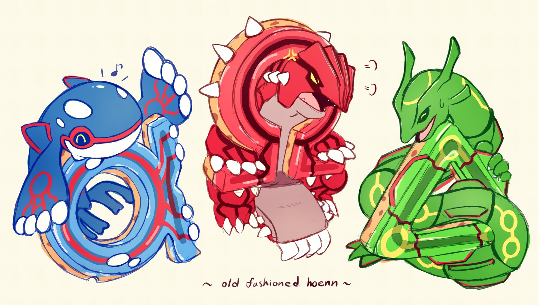 siestingtime, groudon, kyogre, rayquaza, nintendo, pokemon, pokemon legends: z-a, commentary, highres, symbol-only commentary, anger vein, blue skin, chibi, chibi only, claws, closed eyes, closed mouth, colored skin, donut, english text, food, gen 3 pokemon, green skin, legendary pokemon, musical note, no humans, open mouth, pokemon (creature), pokemon focus, red skin, spikes, sweatdrop