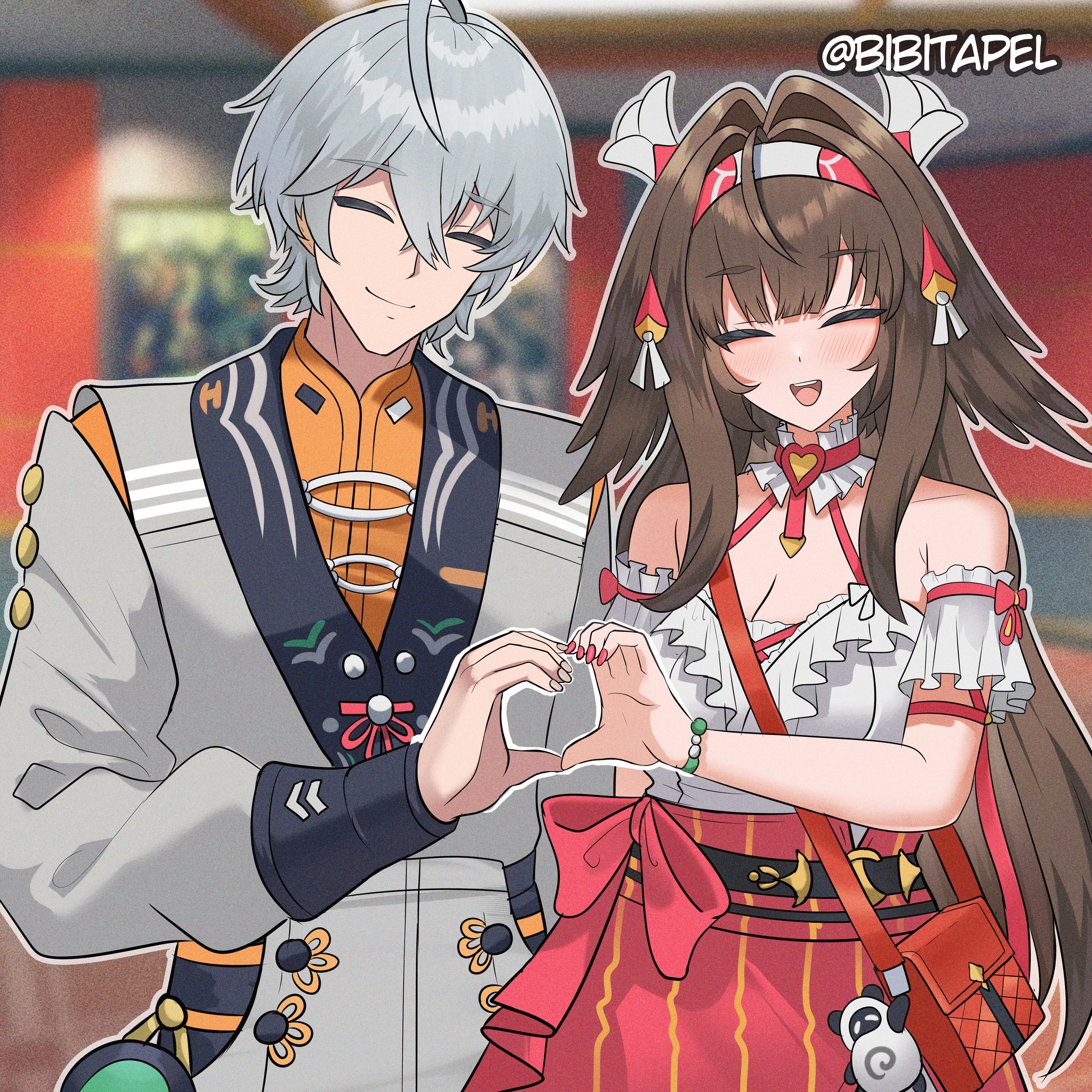 bibitapel, wise (soaring crane) (zenless zone zero), wise (zenless zone zero), ye shunguang, zenless zone zero, absurdres, hashtag-only commentary, highres, 1boy, 1girl, ^ ^, ahoge, animal ears, bag, bow, bracelet, breasts, brown hair, buttons, chinese clothes, cleavage, closed eyes, collar, detached sleeves, dress, droopy ears, fox ears, fox girl, frilled collar, frills, grey hair, hair ornament, happy, headband, heart, heart hands, high-waist skirt, jewelry, long hair, official alternate costume, pants, short hair, shoulder bag, skirt, smile, strap