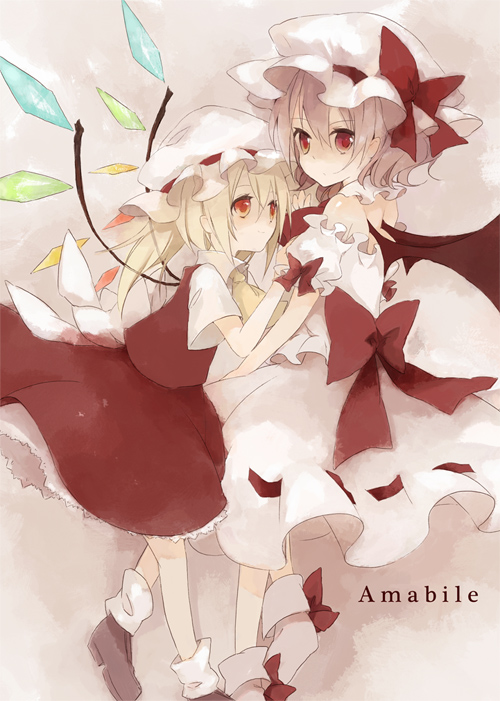 fujiyama, rin (artist), flandre scarlet, remilia scarlet, touhou, 2girls, female focus, hat, looking at viewer, mob cap, multiple girls, ribbon-trimmed skirt, ribbon trim, siblings, sisters, socks