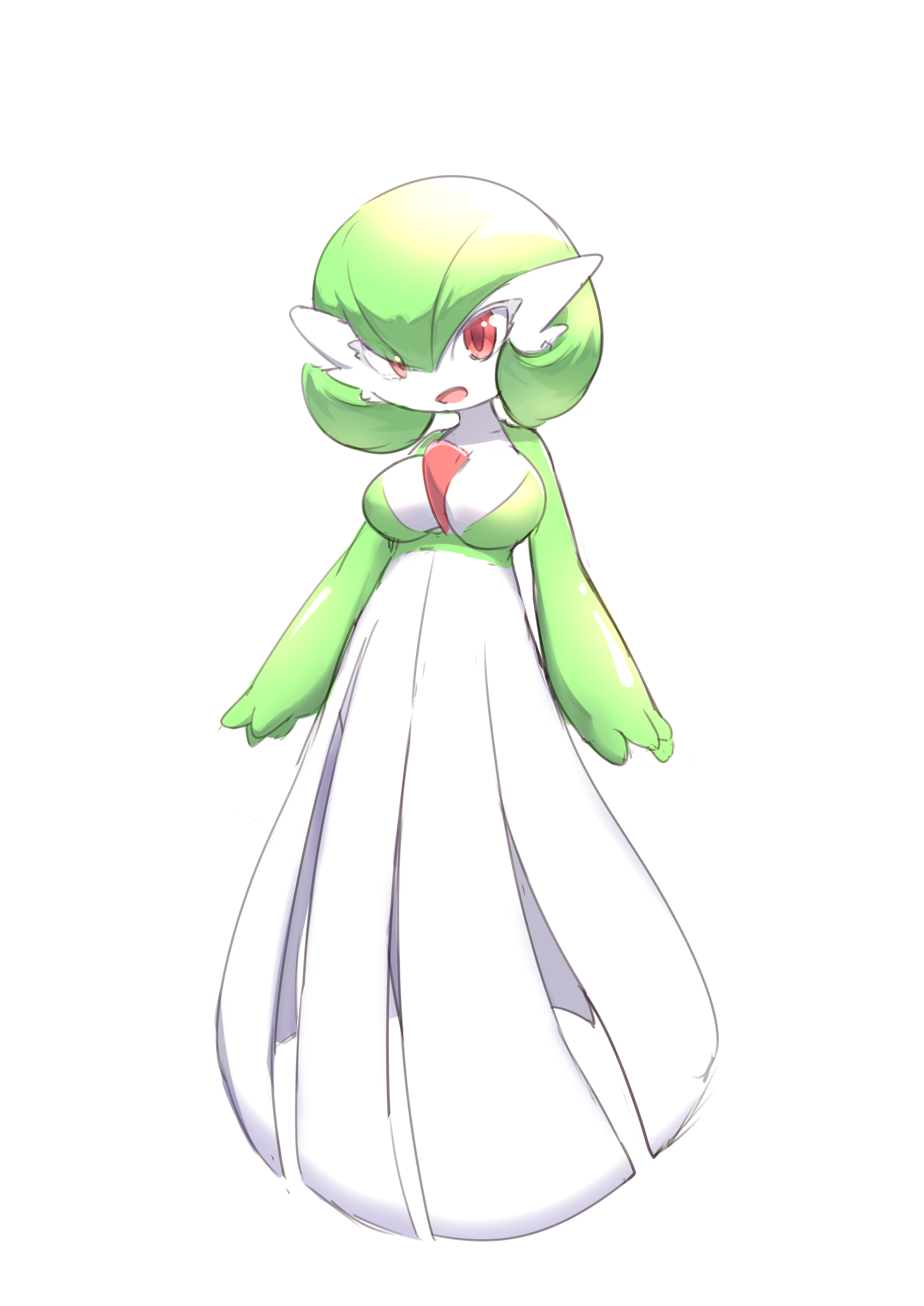 neapozi, gardevoir, nintendo, pokemon, 1girl, arms at sides, bob cut, breasts, colored skin, female focus, full body, gen 3 pokemon, green hair, green skin, hair between eyes, medium breasts, multicolored skin, shiny skin, short hair, simple background, solo, standing, two-tone skin, white background, white skin