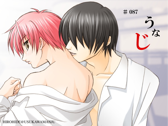 hirohide, hiro (usukawa), 2boys, blush, kiss, looking back, male focus, multiple boys, open clothes, open shirt, pink hair, shirt, yaoi