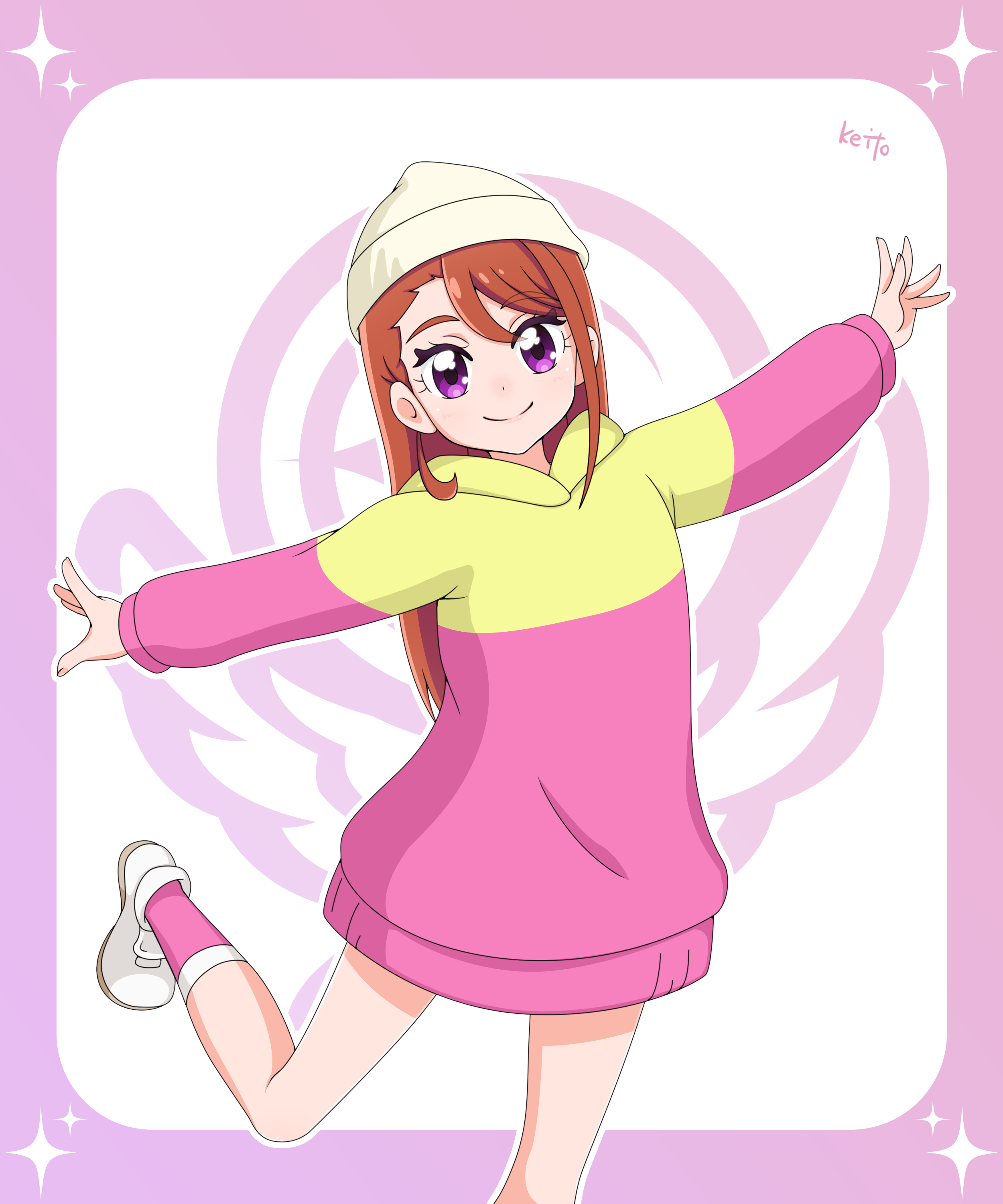 sakuragawa3710, hijiri ageha, hirogaru sky! precure, precure, absurdres, commentary, highres, 1girl, aged down, anime coloring, artist name, bare legs, beanie, border, closed mouth, cowboy shot, fingernails, four-pointed star, gradient border, hair between eyes, hat, hood, hood down, hoodie, leg up, light blush, long hair, long sleeves, looking at viewer, multicolored hoodie, orange hair, outline, outside border, outstretched arms, pink border, pink hoodie, pink socks, purple eyes, shoes, smile, socks, solo, split mouth, spread arms, standing, standing on one leg, star (symbol), star border, swept bangs, two-tone hoodie, white background, white hat, white outline, white shoes, yellow hoodie