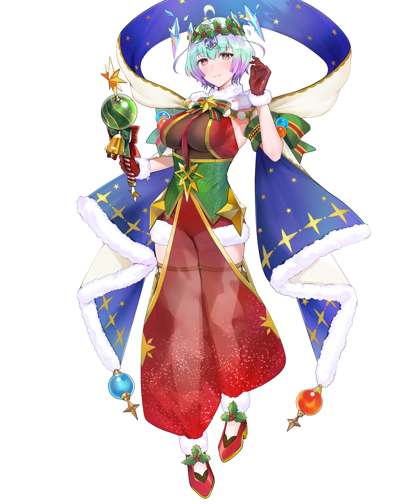 seidr (fire emblem), fire emblem, fire emblem heroes, nintendo, highres, non-web source, official art, 1girl, ahoge, blue hair, breasts, crystal, gloves, green eyes, holding, holding wand, large breasts, looking at viewer, mistletoe, mistletoe hair ornament, official alternate costume, red gloves, see-through clothes, seidr (winter) (fire emblem), shawl, short hair, smile, solo, star (symbol), star print, tachi-e, wand
