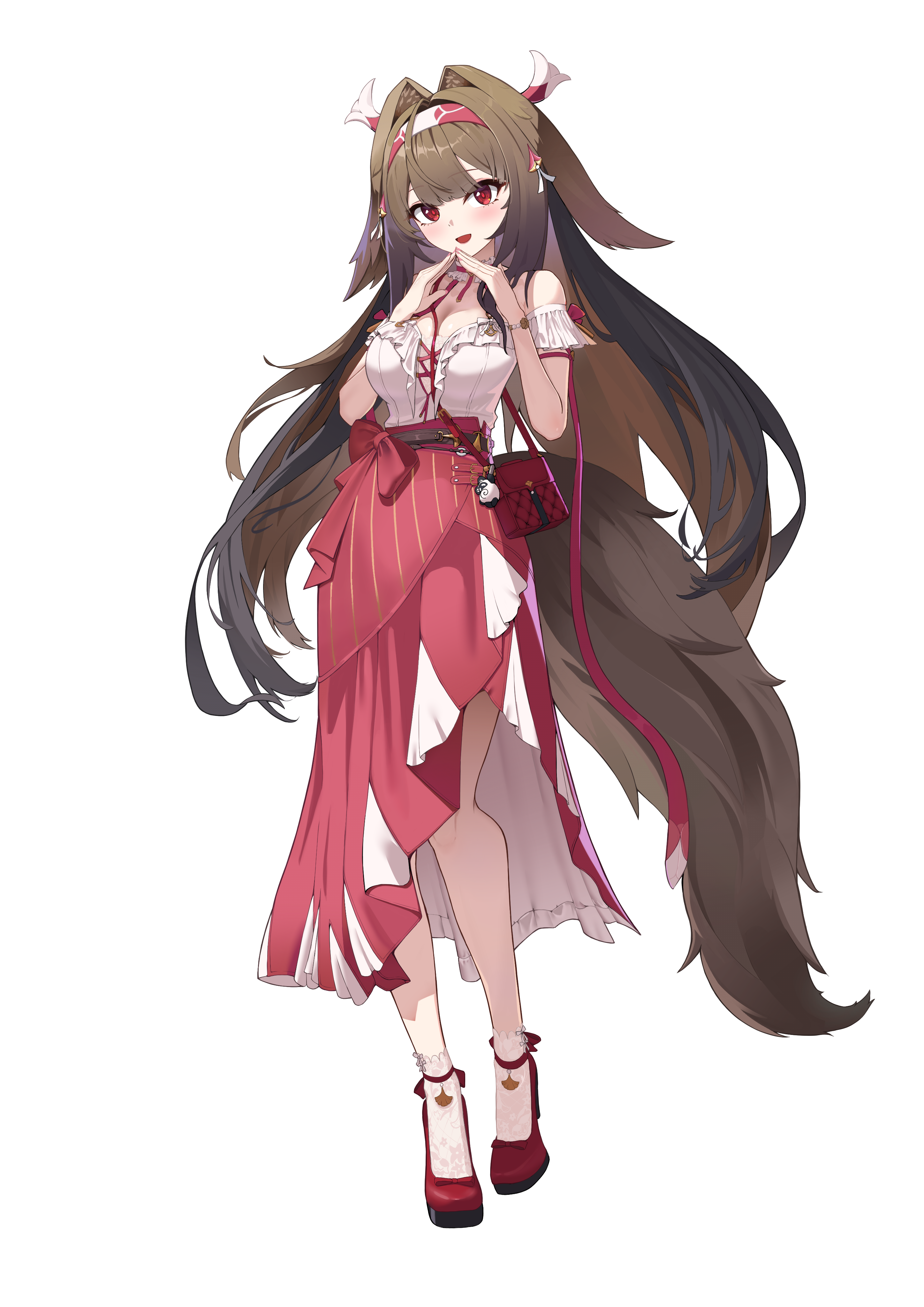higasino3ldk, ye shunguang, zenless zone zero, absurdres, commentary request, highres, 1girl, animal ears, blush, breasts, brown hair, dress, fox ears, fox girl, fox tail, frilled dress, frills, full body, large breasts, long hair, looking at viewer, off-shoulder dress, off shoulder, official alternate costume, red eyes, simple background, solo, steepled fingers, tachi-e, tail, very long hair, white background