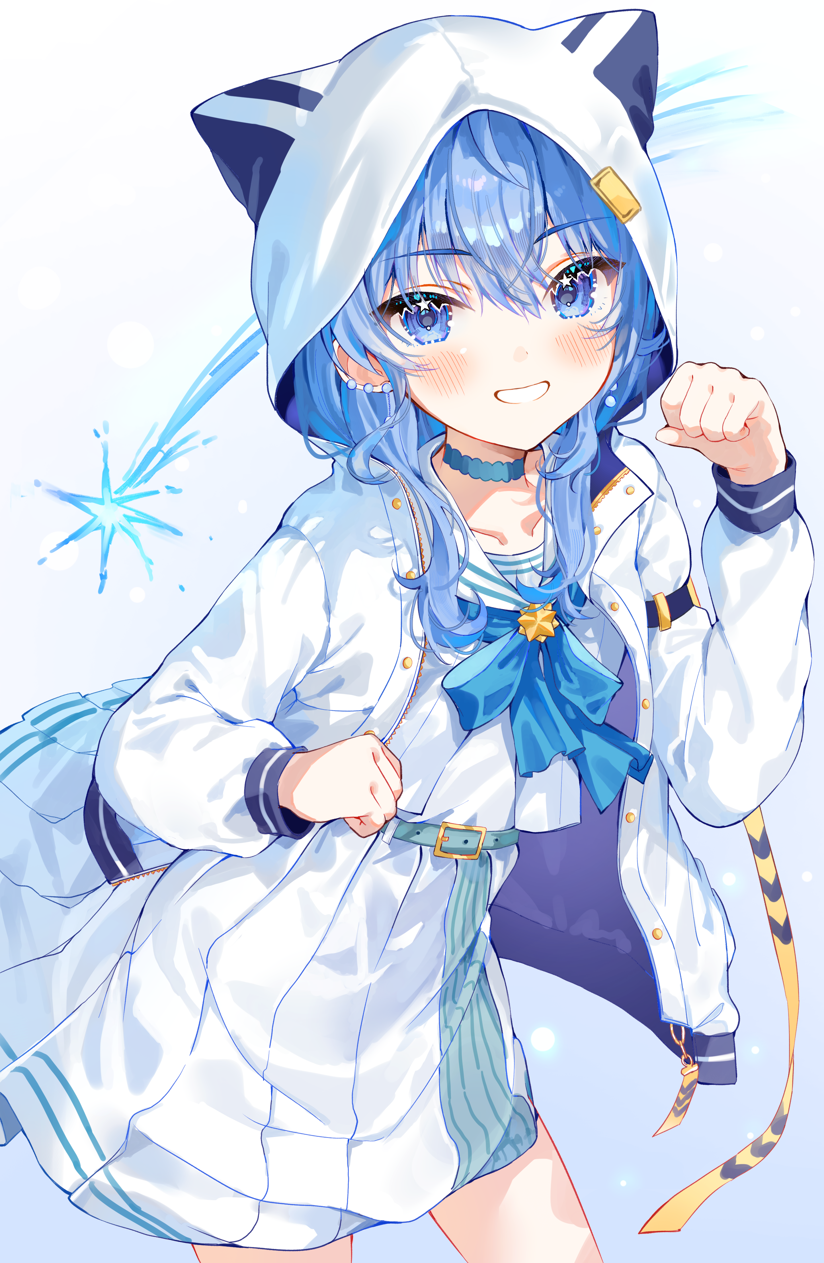 wasemkn, hoshimachi suisei, hoshimachi suisei (sailor), hololive, absurdres, commentary request, highres, 1girl, :d, animal hood, belt, blue belt, blue eyes, blue hair, blue neckerchief, brooch, cat hood, cowboy shot, double-parted bangs, dress, ear piercing, earrings, grin, hair between eyes, hand up, hands up, hood, hood up, hooded jacket, jacket, jewelry, long hair, looking at viewer, medium dress, neckerchief, official alternate costume, open mouth, piercing, pleated dress, sailor collar, school uniform, sidelocks, smile, solo, star (symbol), star brooch, star in eye, symbol in eye, virtual youtuber, white dress, white jacket, white sailor collar
