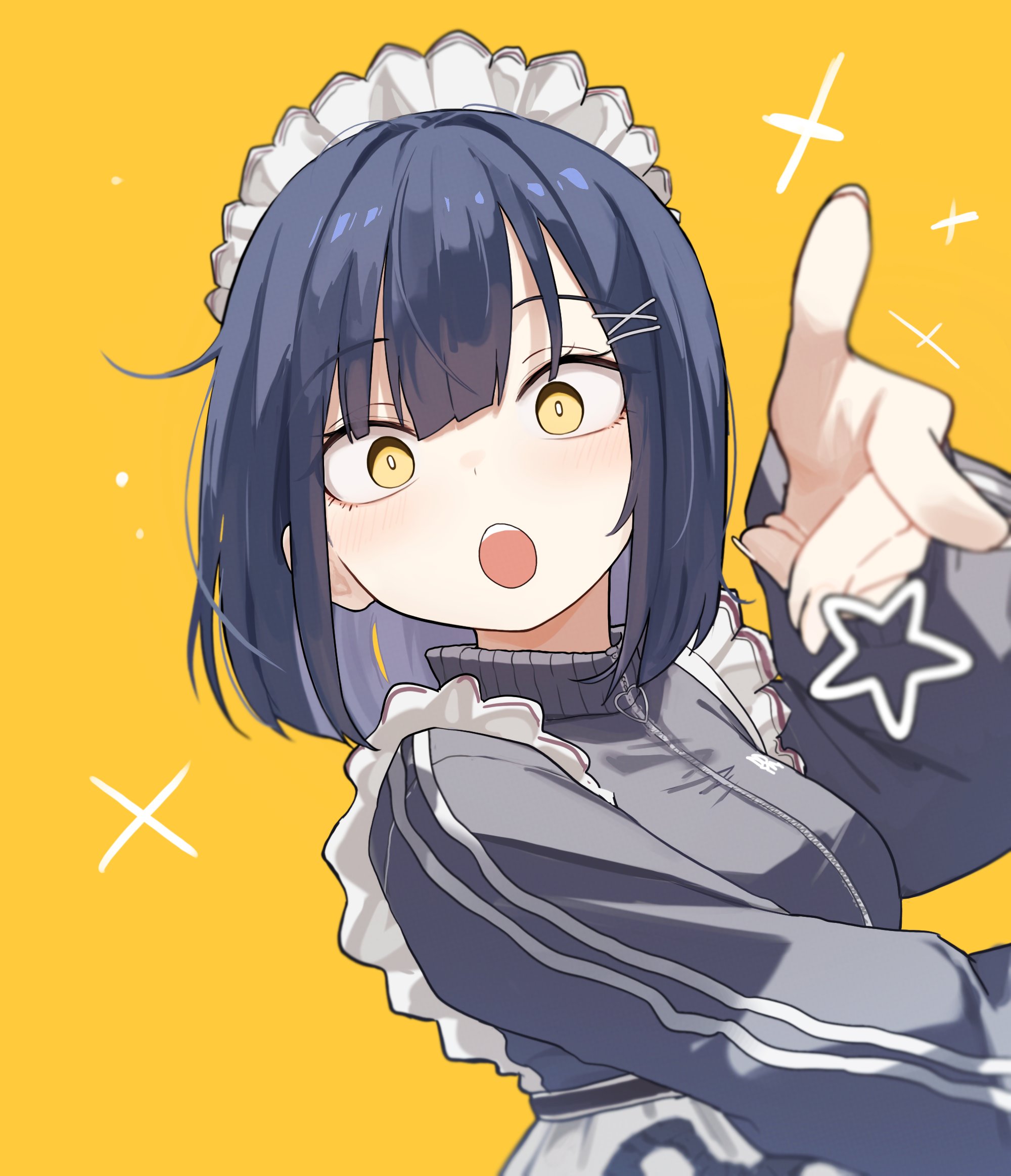 gangzi (vtuber), stellive, commentary, highres, symbol-only commentary, 1girl, :o, black hair, black jacket, blurry, blurry foreground, bright pupils, depth of field, hair ornament, hairclip, jacket, long sleeves, looking at viewer, maid headdress, open mouth, pointing, pointing at viewer, short hair, simple background, solo, ssssd, upper body, virtual youtuber, white pupils, x hair ornament, yellow background, yellow eyes