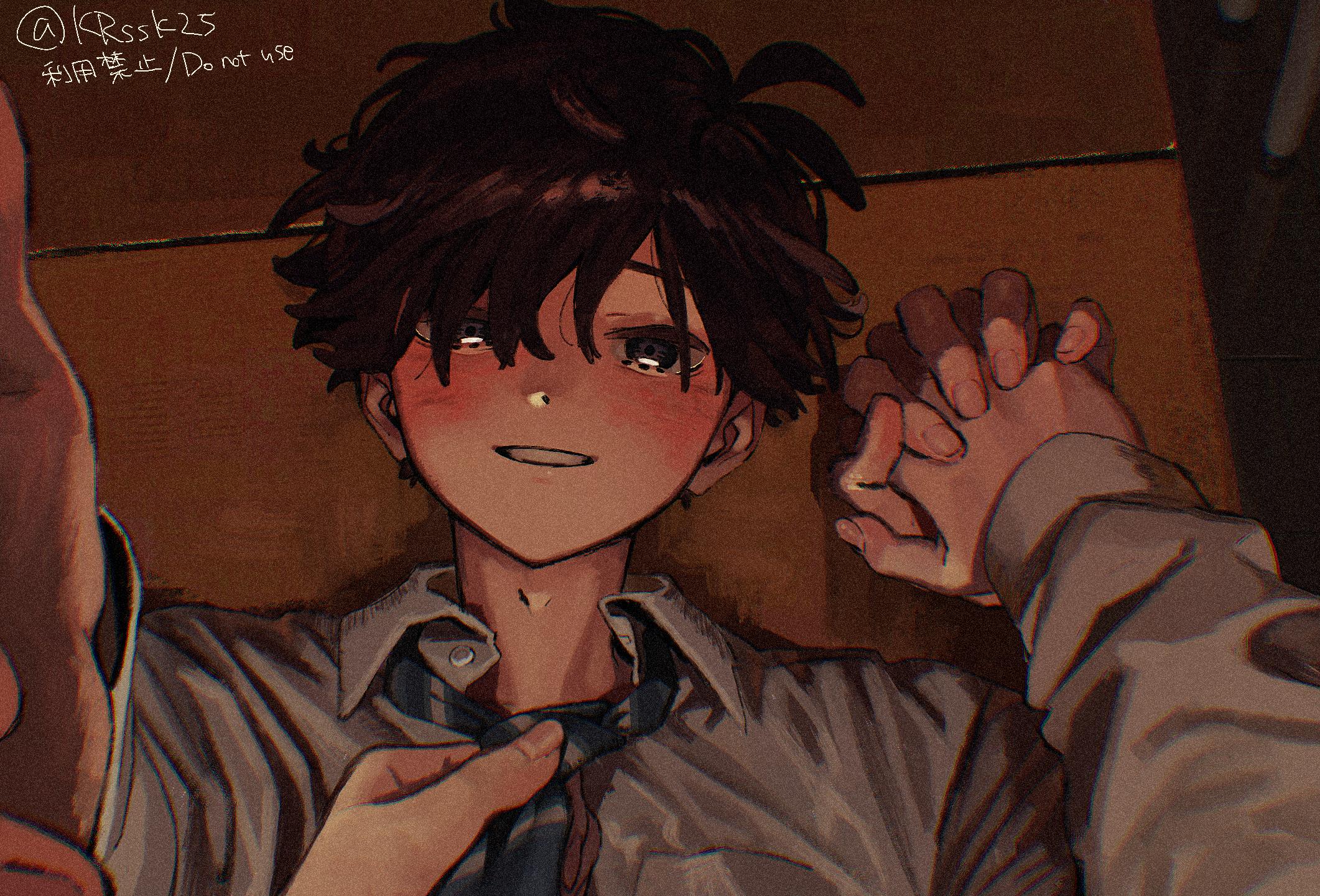 mi (pic52pic), original, commentary request, highres, 1boy, 1other, black hair, blue necktie, blush, brown eyes, clothes grab, collared shirt, holding hands, indoors, interlocked fingers, long hair, looking at viewer, lying, male focus, necktie, necktie grab, neckwear grab, on floor, open mouth, pov, school uniform, shirt, short hair, solo, solo focus, striped necktie, twitter username, upper body, white shirt