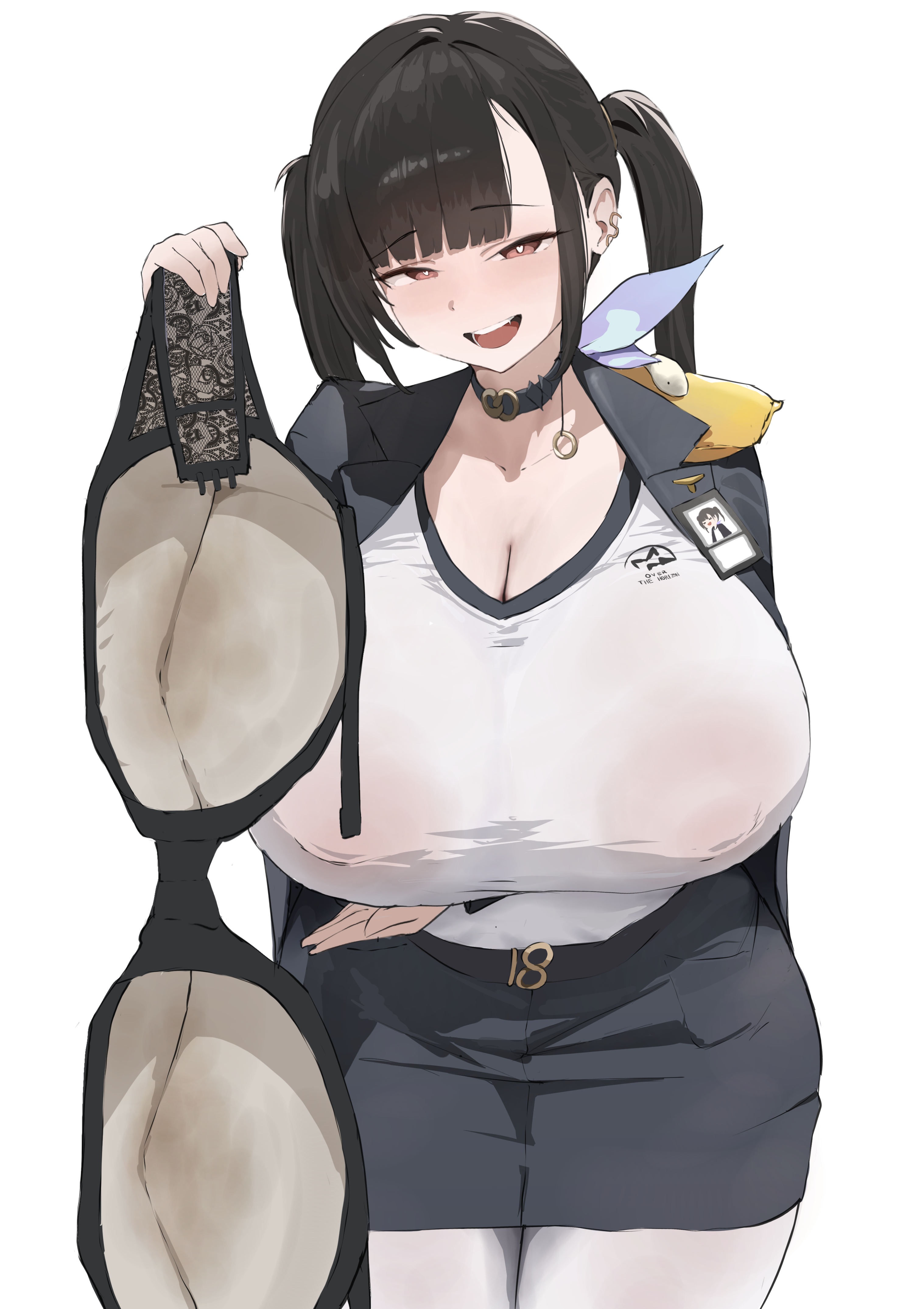 hth5k, sora (nikke), goddess of victory: nikke, absurdres, commentary request, highres, 1girl, black hair, blue jacket, blue skirt, bra, breasts, brown eyes, choker, cleavage, earrings, flight attendant, heart, heart-shaped pupils, holding, holding bra, holding underwear, holding unworn clothes, huge breasts, jacket, jewelry, long hair, looking at viewer, miniskirt, open mouth, pantyhose, parted bangs, shirt, simple background, skirt, solo, symbol-shaped pupils, travel attendant, twintails, underwear, unworn bra, white background, white pantyhose, white shirt