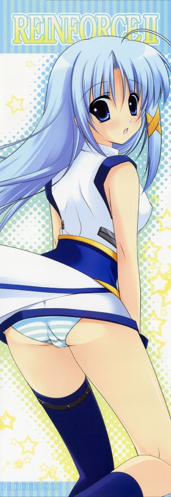 hayashi sakura, reinforce zwei, lyrical nanoha, mahou shoujo lyrical nanoha, mahou shoujo lyrical nanoha a's, mahou shoujo lyrical nanoha strikers, long image, tall image, 00s, 1girl, 2009, ahoge, ass, asymmetrical clothes, blue eyes, blue hair, blush, english text, female focus, from behind, hair ornament, hair ribbon, looking back, magical girl, matching hair/eyes, panties, parufe, polka dot, ribbon, single sock, single thighhigh, skirt, skirt tug, socks, solo, star (symbol), stick poster, striped clothes, striped panties, surprised, thighhighs, trefoil, underwear, wind, wind lift, x hair ornament
