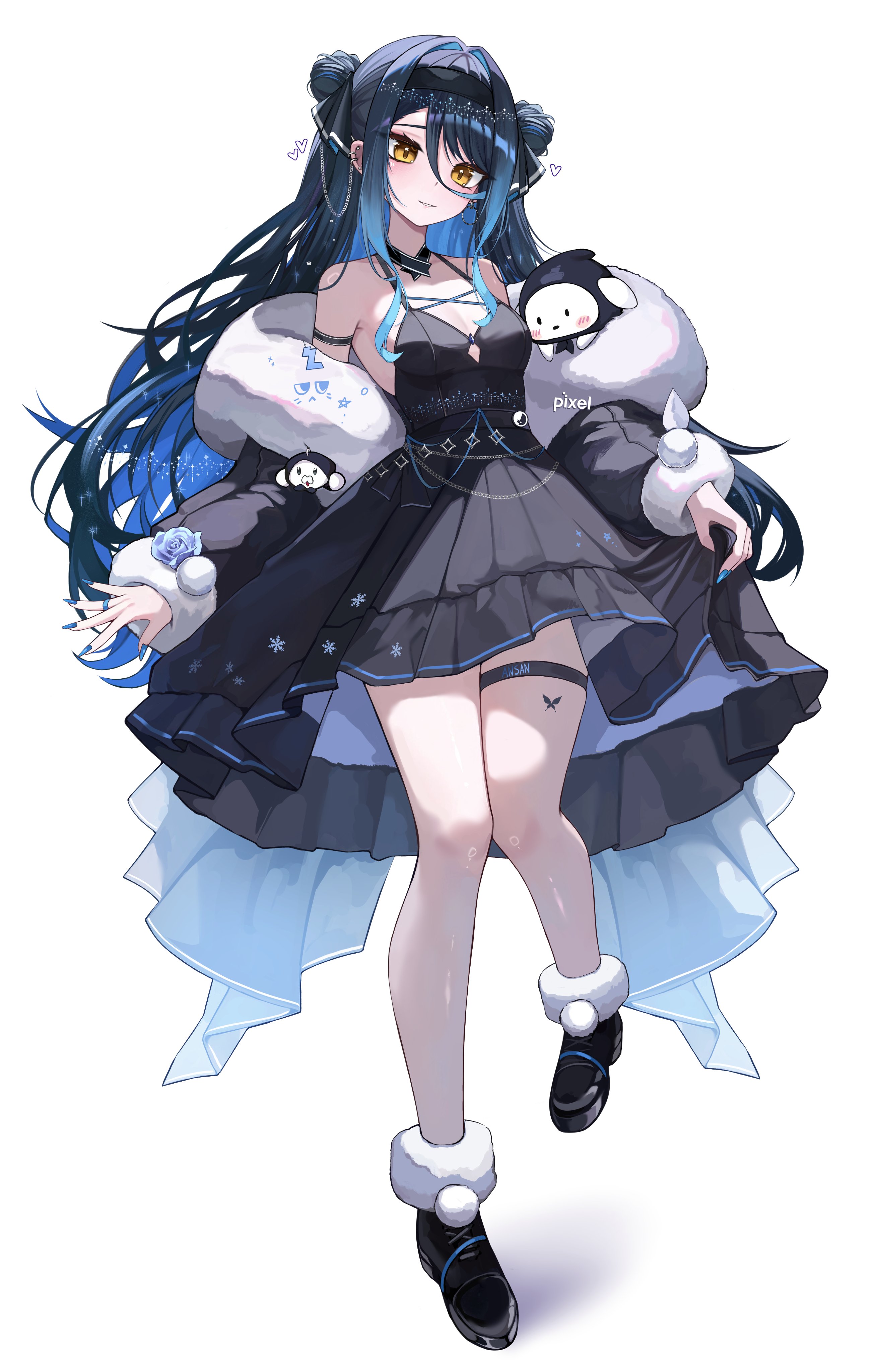 kkato, gangzi (vtuber), stellive, absurdres, commentary request, highres, korean commentary, 1girl, aqua nails, black coat, black dress, black hair, black hairband, black ribbon, black shoes, breasts, coat, coat partially removed, colored inner hair, double bun, dress, eyebrows hidden by hair, fake nails, fingernails, full body, fur-trimmed coat, fur-trimmed shoes, fur trim, hair between eyes, hair bun, hair ribbon, hairband, indoors, leg up, looking at viewer, medium breasts, multicolored hair, parted lips, pleated dress, pom pom (clothes), ribbon, shoes, short dress, simple background, sleeveless, sleeveless dress, solo, standing, standing on one leg, thigh strap, virtual youtuber, white background, yellow eyes