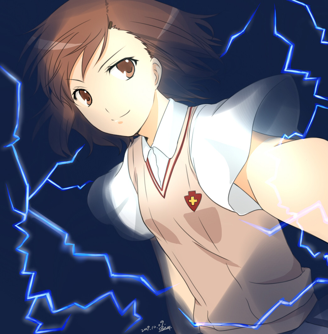 rainsp, misaka mikoto, toaru kagaku no railgun, toaru majutsu no index, bad id, bad pixiv id, 00s, brown eyes, brown hair, electricity, electrokinesis, school uniform, smile, solo, sweater vest