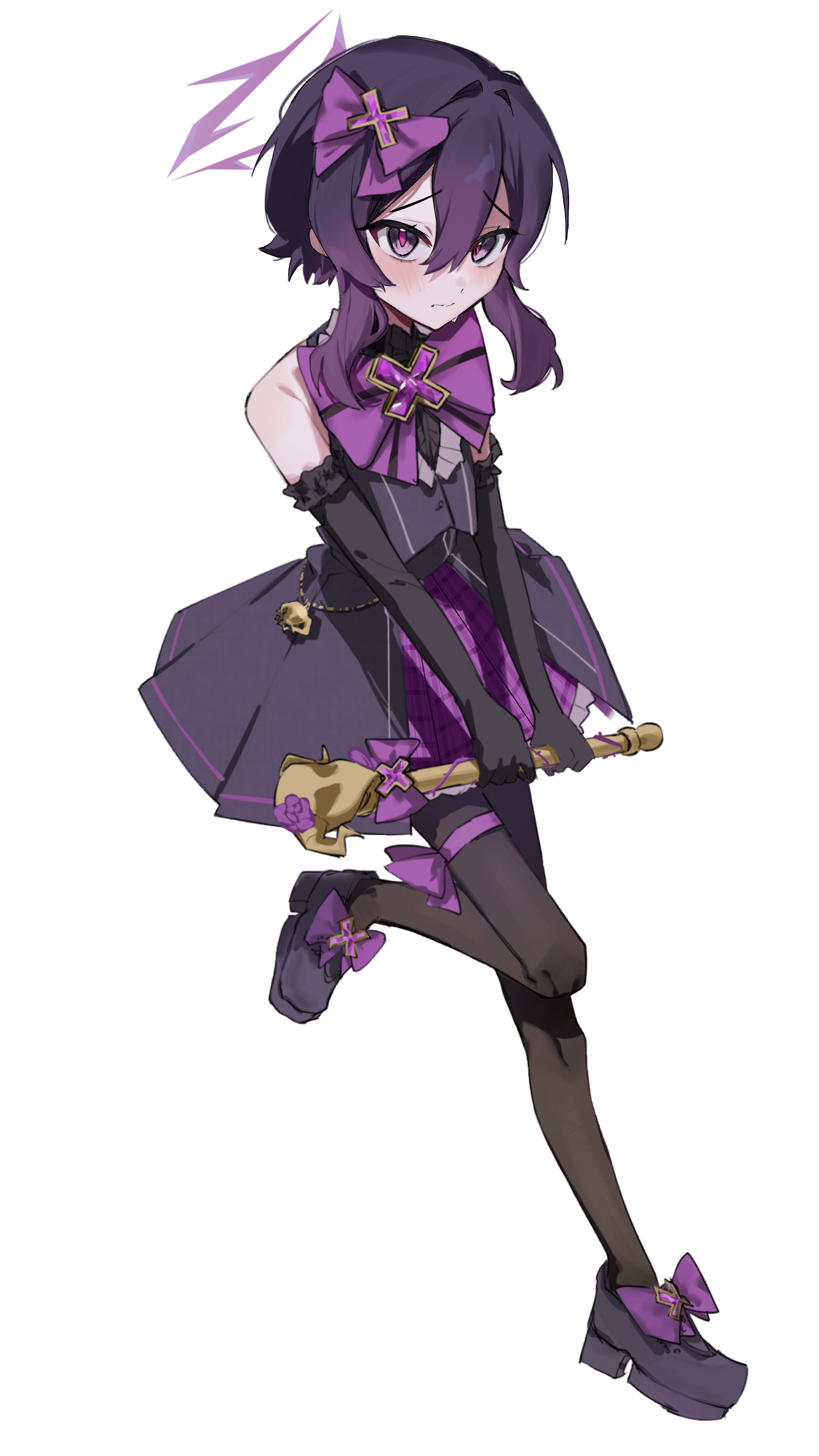 picopico hanma, haruka (blue archive), blue archive, absurdres, commentary request, highres, 1girl, alternate costume, bare shoulders, black gloves, black pantyhose, black shoes, bow, elbow gloves, footwear bow, full body, gloves, hair between eyes, hair bow, holding, holding wand, leg up, looking at viewer, magical girl, pantyhose, purple bow, purple eyes, purple hair, shoes, simple background, solo, wand, white background