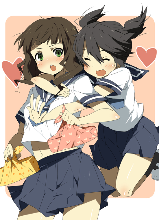 kl (dgzonbi), kuroi mato, takanashi yomi, black rock shooter, 10s, 2girls, bento, blush, closed eyes, green eyes, heart, multiple girls, school uniform, twintails