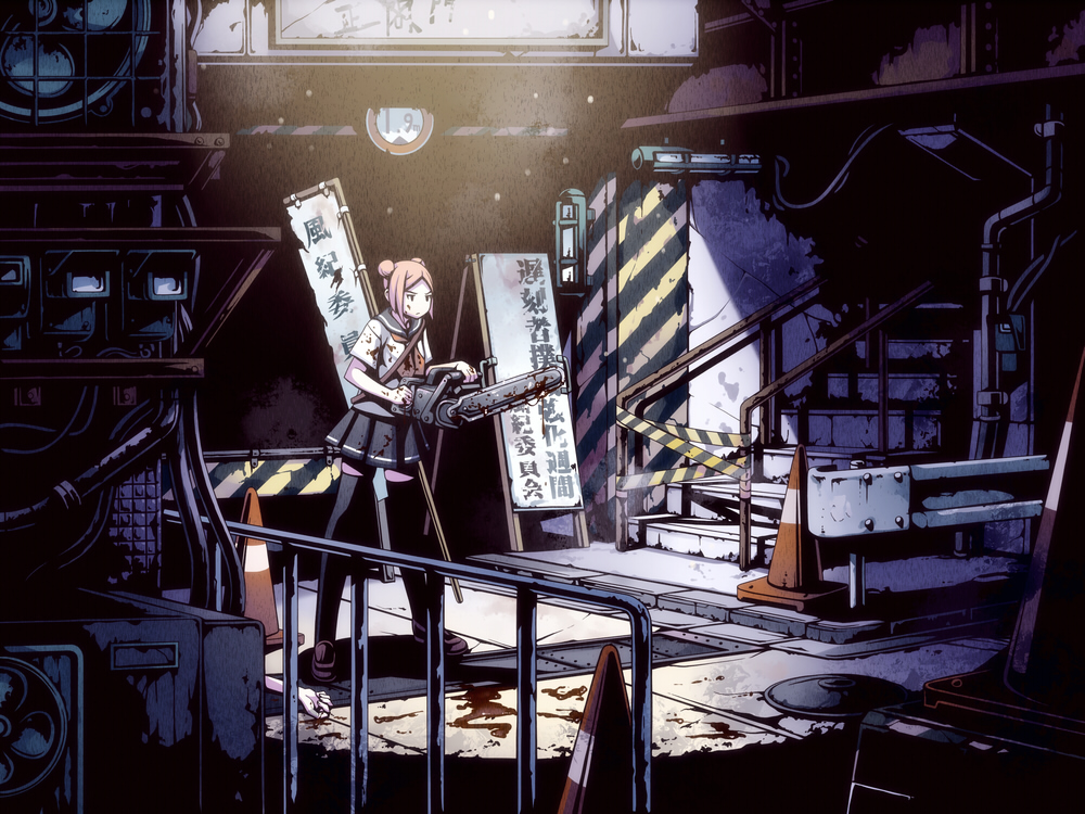 torigoe takumi, original, alley, blood, brown hair, chainsaw, double bun, school uniform, serafuku, skirt, solo, thighhighs, zettai ryouiki