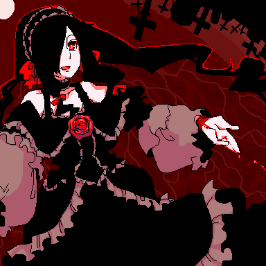 ozoi, futaba channel, nijiura maids, lowres, 1girl, black hair, blood, dress, female focus, flower, graveyard, hair over one eye, lolita fashion, oekaki, red eyes, rose, solo
