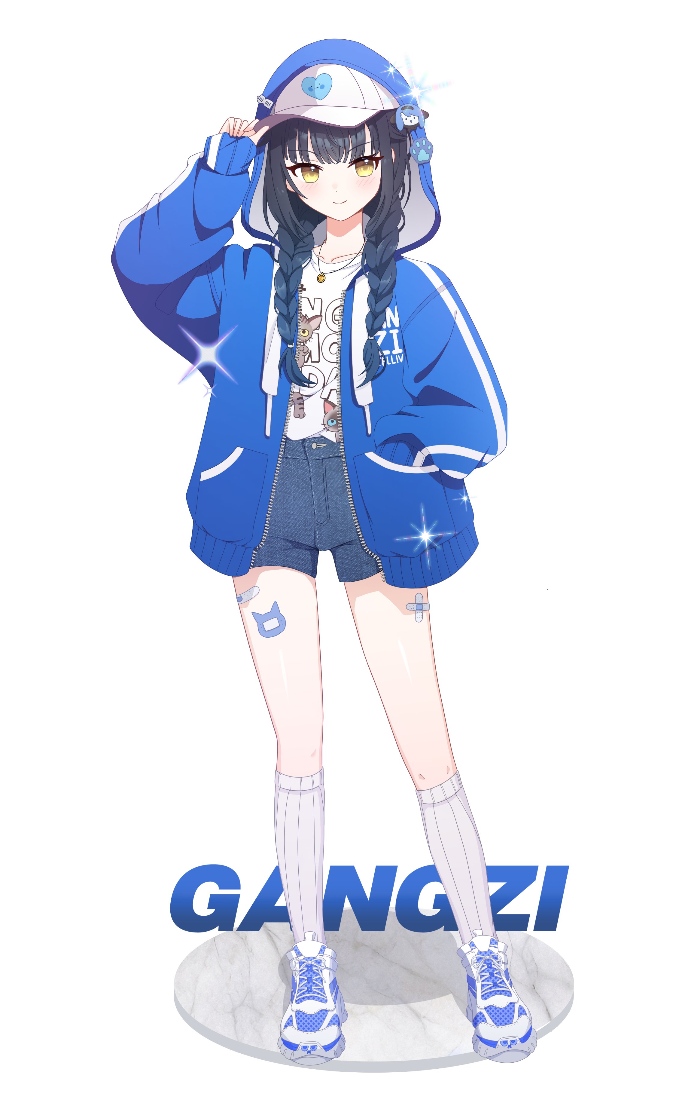 gangzi (vtuber), stellive, absurdres, hashtag-only commentary, highres, 1girl, baseball cap, black hair, blue eyes, braid, braided twintails, character name, closed mouth, denim, denim shorts, full body, ggang kong126, gradient hair, hand in pocket, hand up, hat, hood, hood up, hooded jacket, jacket, kneehighs, long sleeves, looking at viewer, multicolored hair, multicolored shoes, open clothes, open jacket, print shirt, ribbed socks, shirt, shirt tucked in, shoes, short shorts, shorts, simple background, smile, sneakers, socks, solo, standing, t-shirt, two-tone shoes, unzipped, virtual youtuber, white background, white hat, white shirt, white shoes, white socks, yellow eyes