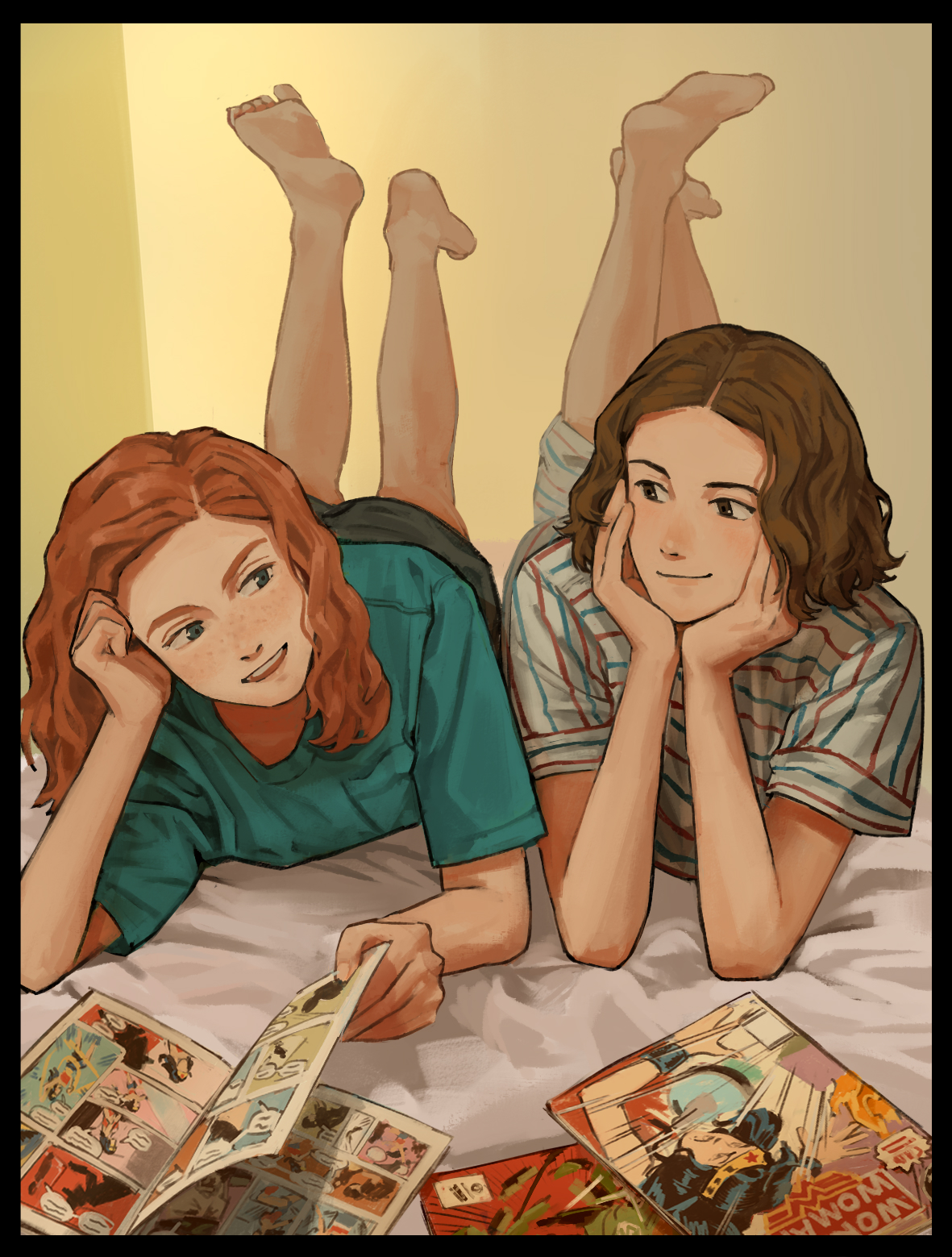 eleven (stranger things), max mayfield, stranger things, commentary request, highres, 2girls, barefoot, brown hair, c-fish, green eyes, holding, holding magazine, indoors, long hair, magazine (object), multiple girls, open magazine, orange hair, shirt, smile, striped clothes, striped shirt, vertical-striped clothes, vertical-striped shirt