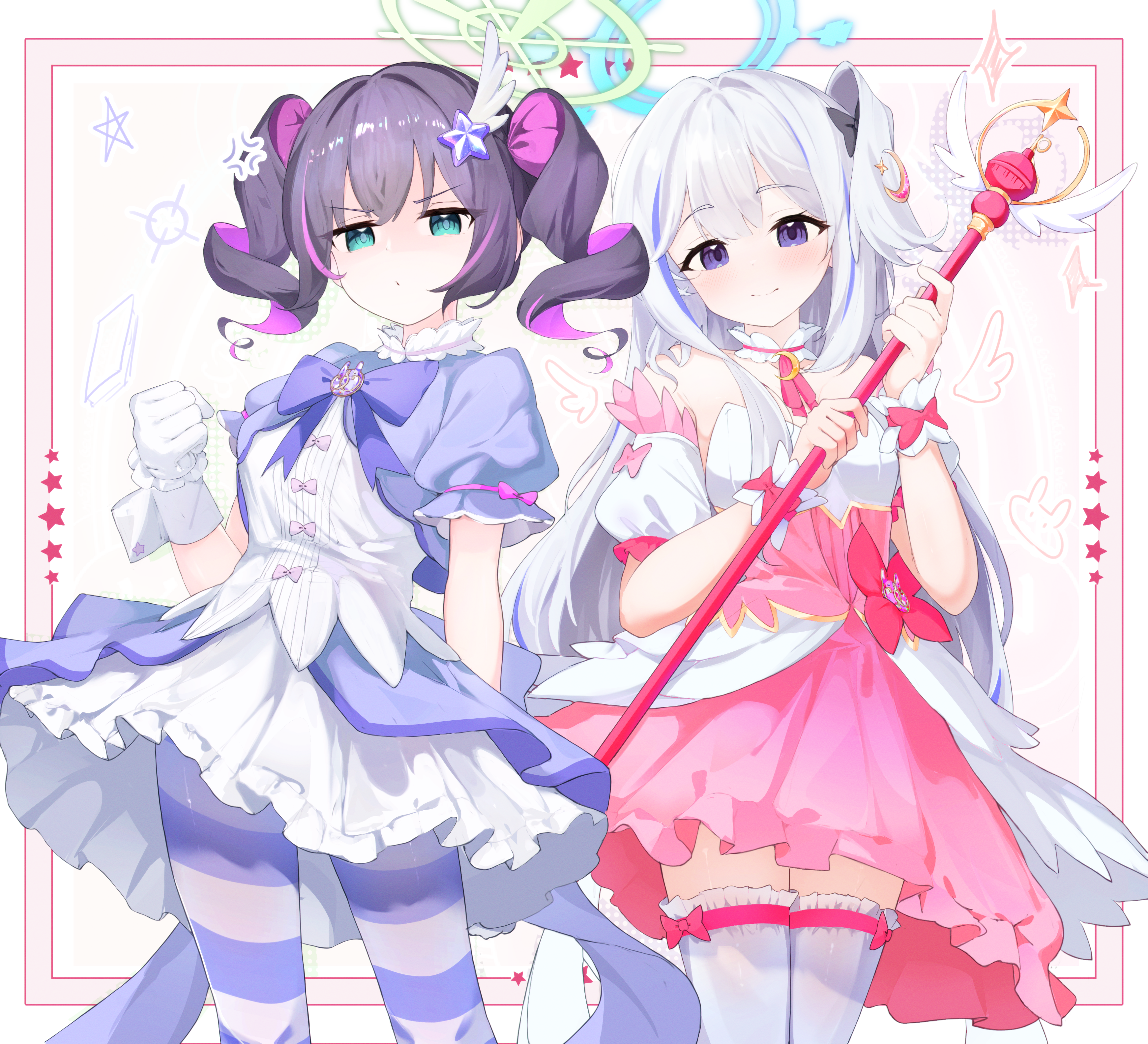 meliach, miyako (blue archive), reisa (blue archive), reisa (magical) (blue archive), saki (blue archive), suzumi (blue archive), suzumi (magical) (blue archive), blue archive, absurdres, highres, 2girls, bare shoulders, border, bow, bowtie, clenched hands, closed mouth, crescent, crescent hair ornament, curly hair, detached sleeves, dress, frilled dress, frills, gloves, green eyes, hair between eyes, hair ornament, halo, head wings, holding, holding staff, long hair, looking at viewer, mage staff, magical girl, multicolored hair, multiple girls, pink bow, pink dress, pink hair, purple bow, purple bowtie, purple eyes, single hair intake, single head wing, smile, staff, star (symbol), star hair ornament, star halo, star in eye, symbol in eye, thighhighs, twintails, white gloves, white hair, wings, wrist cuffs, zettai ryouiki