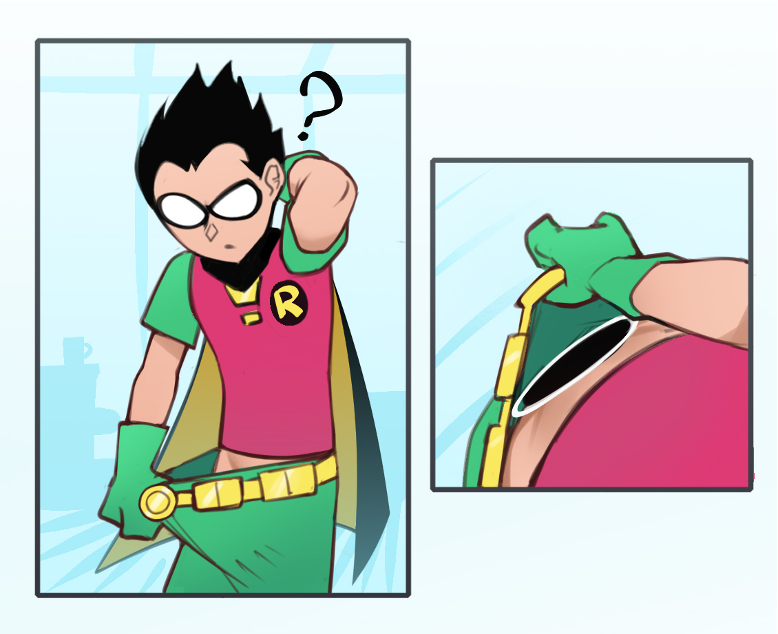 bergoq, dick grayson, robin (dc), dc comics, teen titans, commentary, english commentary, 1boy, belt, black hair, bodysuit, cape, clothes pull, eye mask, gloves, green gloves, green pants, holding, imminent fellatio, male focus, mask, multicolored bodysuit, pants, pants pull, portal (object), solo, superhero costume, taut bodysuit, through portal, two-tone bodysuit, utility belt, yellow cape