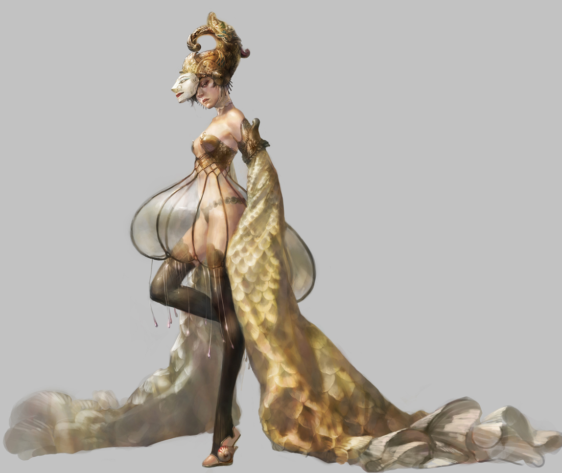 hao & su, the little mermaid (andersen), andersen's fairy tales, black legwear, 1girl, alternate costume, animal hat, armlet, arms at sides, black panties, female focus, from side, full body, grey background, half-closed eyes, hat, jewelry, mask, one eye covered, panties, realistic, revealing clothes, see-through clothes, simple background, solo, standing, standing on one leg, underwear