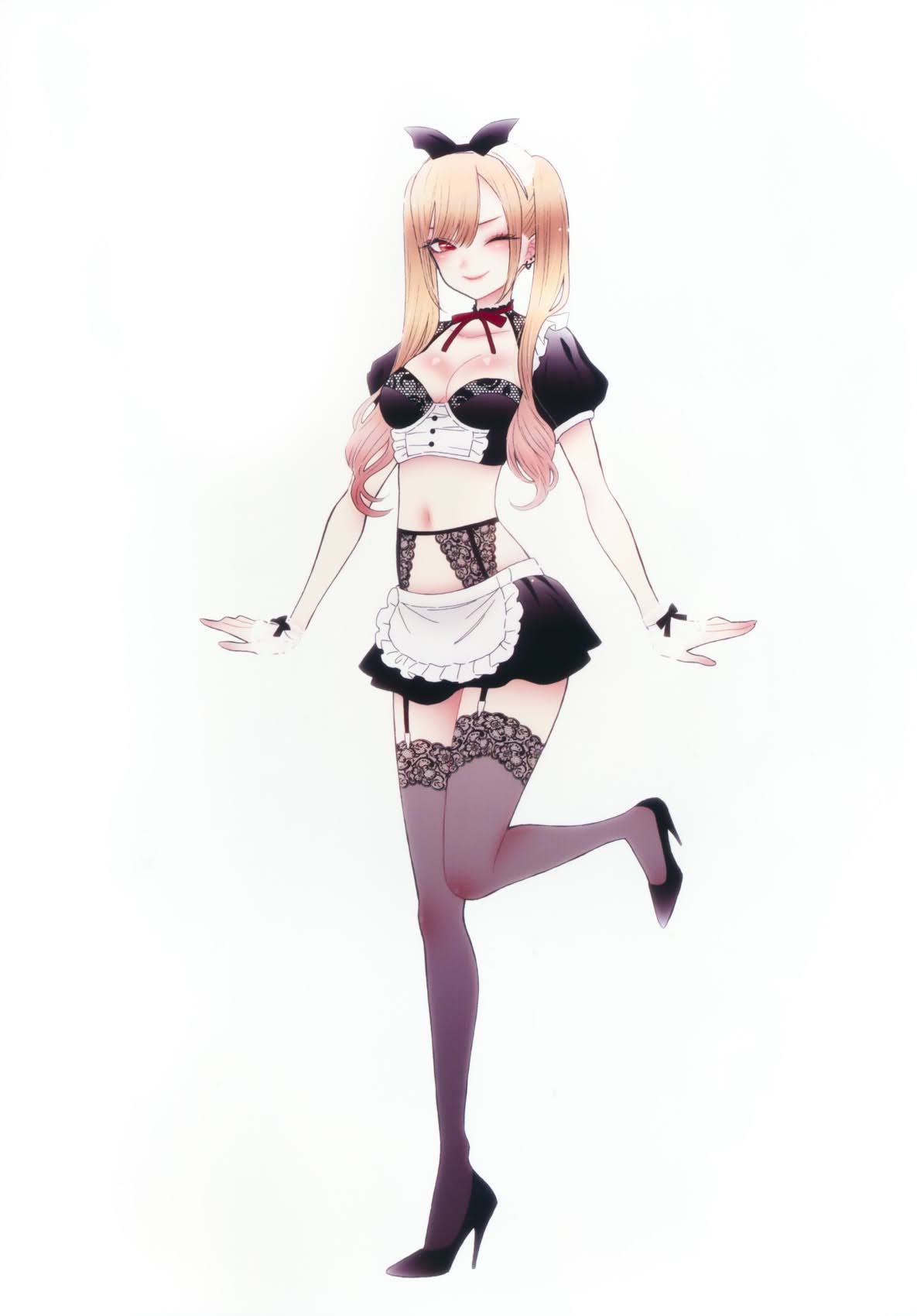 fukuda shinichi, kitagawa marin, sono bisque doll wa koi wo suru, highres, non-web source, official art, 1girl, black ribbon, black shoes, black skirt, blonde hair, blush, breasts, cuffs, earrings, full body, garter straps, hair ornament, hair ribbon, high heels, jewelry, lingerie, long hair, maid, medium breasts, neck ribbon, one eye closed, piercing, puffy short sleeves, puffy sleeves, red eyes, red ribbon, ribbon, shoes, short sleeves, simple background, skirt, standing, standing on one leg, thighhighs, twintails, unconventional maid, underwear, white background, wrist cuffs, wrist ribbon