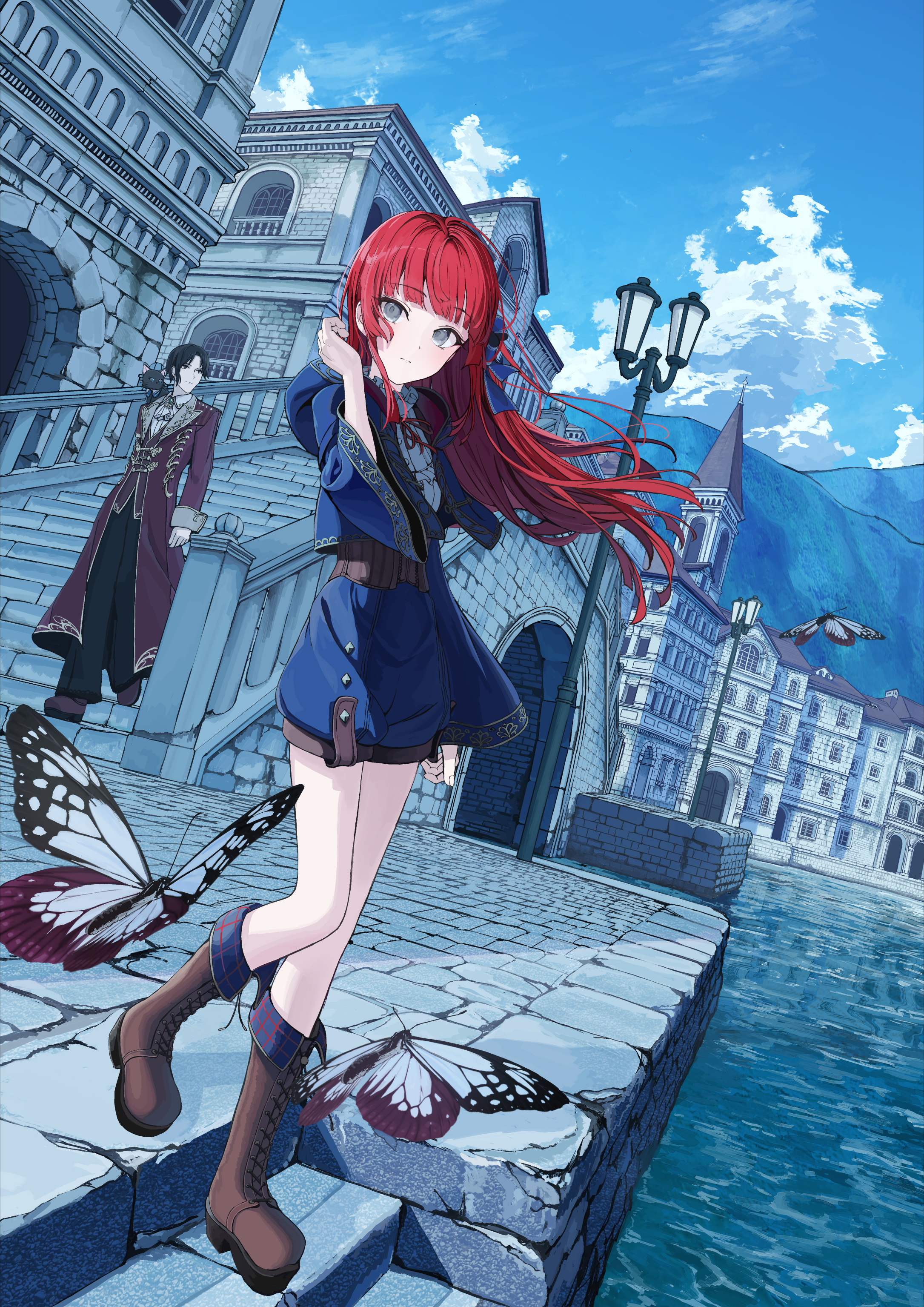 mikisai, absurdres, commentary request, highres, official art, 1boy, 1girl, animal, animal on shoulder, arch, architecture, black cat, black hair, black pants, blue jacket, blue ribbon, blue shorts, blue sky, boots, bridge, brown boots, bug, building, butterfly, cat, cat on shoulder, closed mouth, cloud, coat, collared shirt, day, dot nose, european architecture, expressionless, floating hair, frilled shirt, frilled shirt collar, frills, grey eyes, hair ribbon, hand up, hill, hood, hooded jacket, insect, jacket, lamppost, long hair, long sleeves, looking at viewer, looking to the side, neck ribbon, open clothes, open jacket, outdoors, pants, pavement, purple coat, red hair, red ribbon, ribbon, river, shirt, short hair, short shorts, shorts, sky, sleeve cuffs, spire, stairs, stone stairs, straight hair, the demoted alchemist's frontier life, town, turning head, walking, water, white shirt, wide sleeves