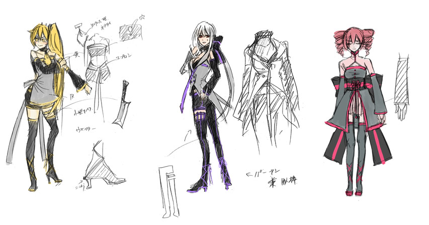 suzunosuke (sagula), akita neru, kasane teto, kasane teto (utau), yowane haku, synchronicity (vocaloid), utau, vocaloid, translation request, 3girls, crossover, detached sleeves, drill hair, fantasy, long hair, multiple girls, reference sheet, simple background, sketch, twin drills, twintails