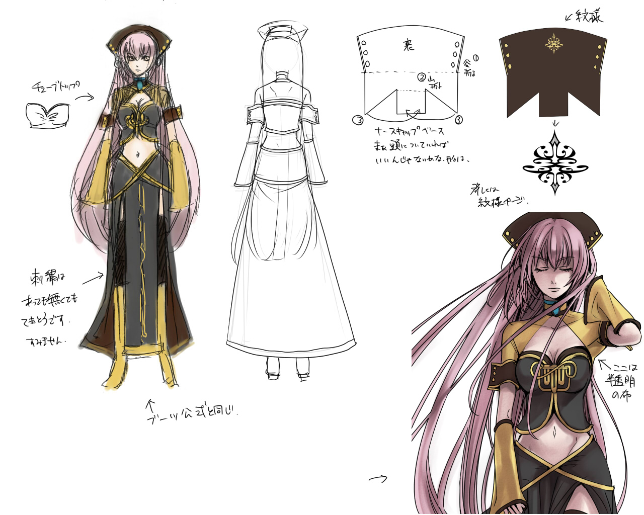 suzunosuke (sagula), megurine luka, synchronicity (vocaloid), vocaloid, translation request, 1girl, detached sleeves, dress, fantasy, headdress, long hair, midriff, navel, reference sheet, simple background, sketch, very long hair