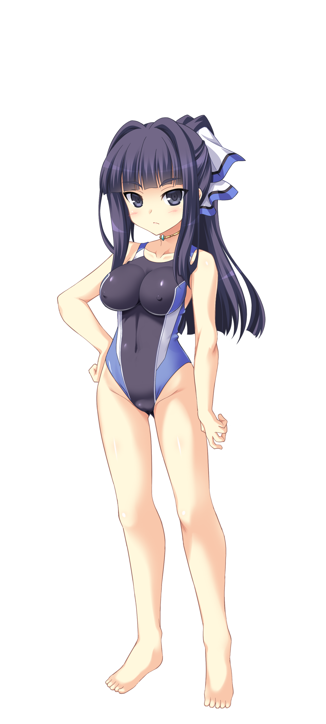 aoi masami, doumyouji kotetu, ts magical girl nao, absurdres, game cg, highres, large variant set, non-web source, official art, variant set, 1girl, barefoot, black eyes, black hair, breasts, choker, competition swimsuit, covered erect nipples, covered navel, full body, hair intakes, hair ribbon, hand on own hip, impossible clothes, impossible swimsuit, large breasts, long hair, looking at viewer, one-piece swimsuit, ponytail, ribbon, solo, standing, swimsuit, transparent background