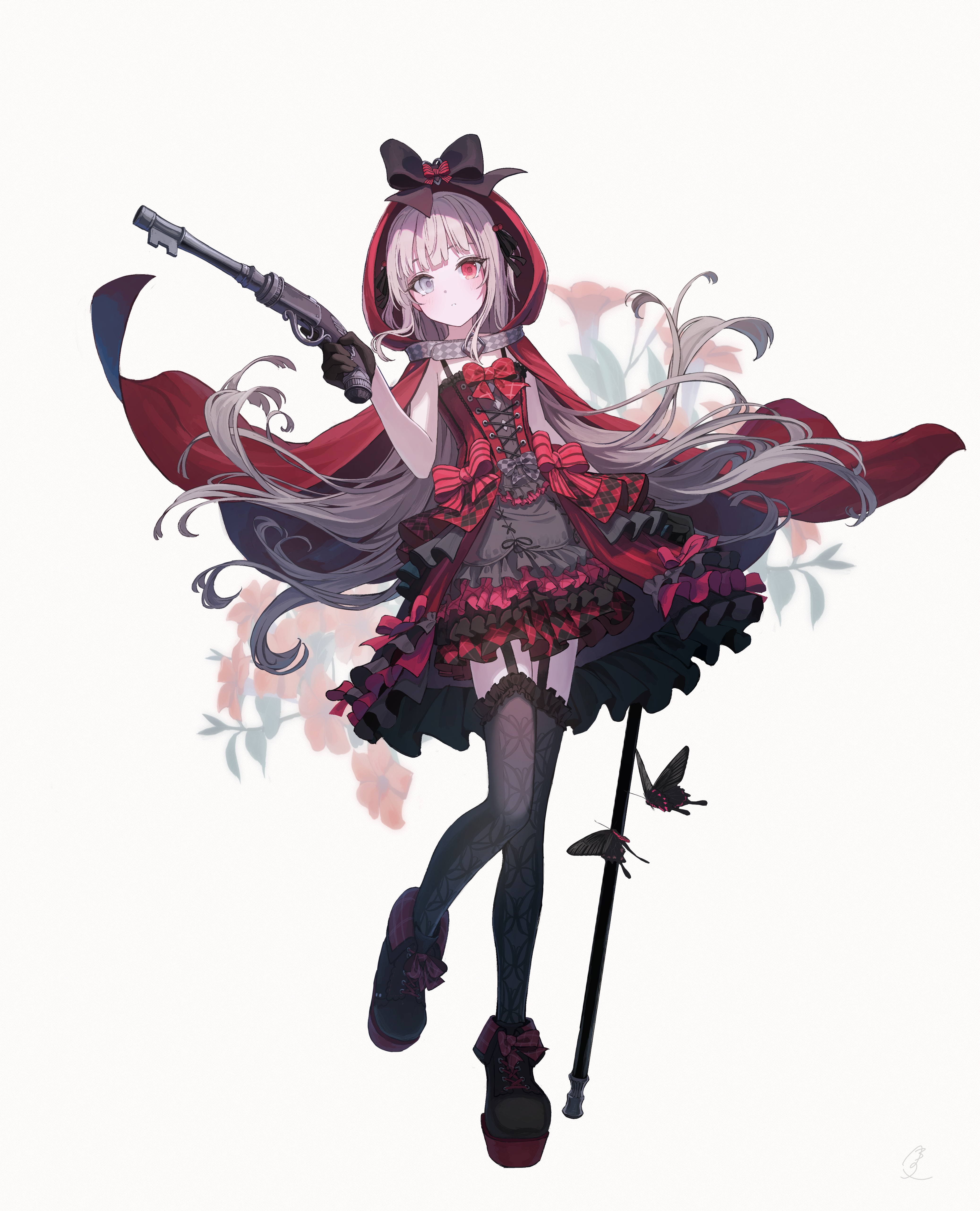 mikisai, original, absurdres, commentary request, highres, 1girl, black thighhighs, bow, bug, butterfly, cane, cape, dress, flower, full body, garter straps, goth fashion, gothic lolita, green eyes, grey hair, gun, heterochromia, high heels, holding, holding cane, holding gun, holding weapon, hood, hood up, hooded cape, insect, layered dress, lolita fashion, long hair, parted lips, red eyes, simple background, solo, standing, standing on one leg, tachi-e, thighhighs, weapon, white background