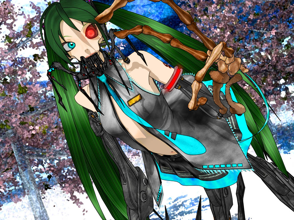deino (deino3330), calne ca (deino), hatsune miku, ca (deino), original, vocaloid, mechanical, 1girl, 3d, aqua eyes, aqua hair, bare shoulders, bone, cosplay, female focus, hatsune miku (cosplay), heterochromia, isopod, necktie, open clothes, open shirt, red eyes, shirt, sky, solo, tree, twintails