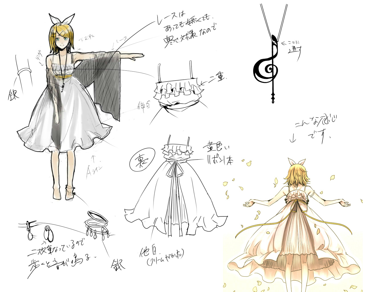 suzunosuke (sagula), kagamine rin, synchronicity (vocaloid), vocaloid, translation request, 1girl, alternate costume, dress, fantasy, reference sheet, simple background, sketch