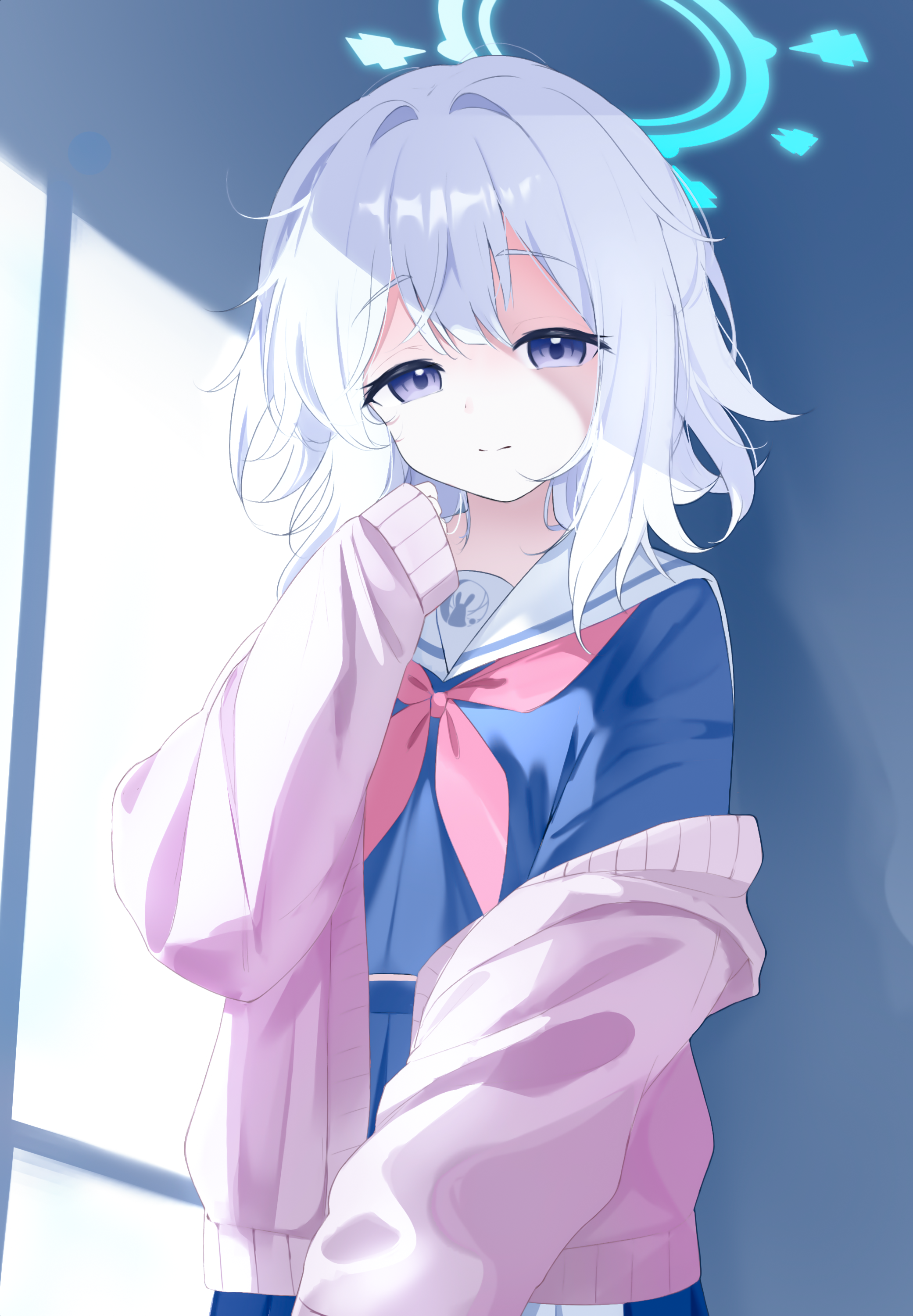 meliach, miyako (blue archive), blue archive, absurdres, highres, 1girl, blue serafuku, closed mouth, half-closed eyes, halo, indoors, light rays, messy hair, pink sweater, pleated skirt, purple eyes, school uniform, serafuku, short hair, skirt, sunlight, sweater, white hair, wolf cut