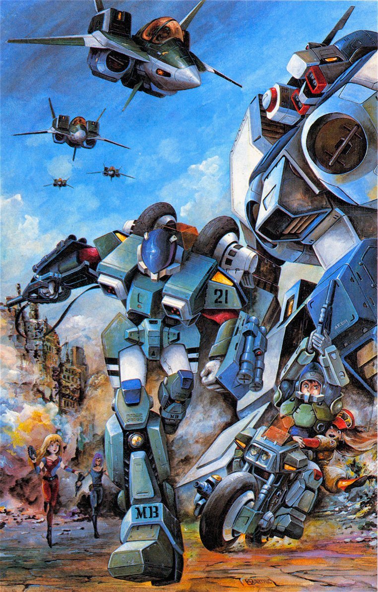 aramaki shinji, houquet et rose, jim warston, legioss, mint labule, mospeada (mecha), ray (mospeada), stick bernard, yellow belmont, kikou souseiki mospeada, mospeada, 1980s (style), annotation request, official art, promotional art, 2boys, 2girls, armor, city, energy gun, gun, handgun, hoquet et rose, mecha, military, military uniform, multiple boys, multiple girls, oldschool, power armor, power suit, production art, ray gun, retro artstyle, robot, ruins, running, science fiction, weapon