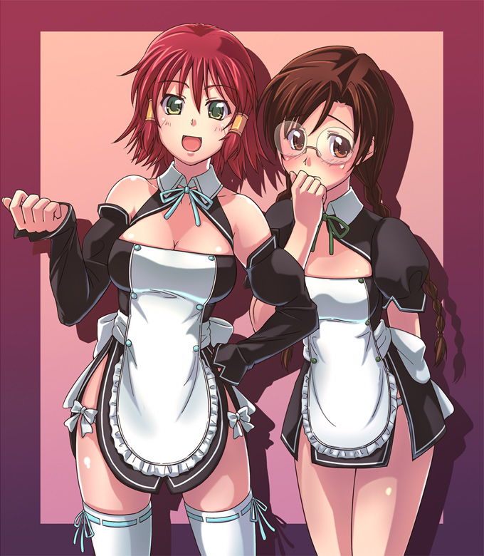 e20, clala, futaba riho, mio (dream c club), ruquia, dream c club, dream c club (series), quiz magic academy, 2girls, apron, blush, braid, breasts, brown eyes, brown hair, cleavage, cosplay, futaba riho (cosplay), glasses, green eyes, mio (dream c club) (cosplay), multiple girls, red hair, ribbon-trimmed legwear, ribbon trim, short hair, smile, thighhighs, twin braids, waitress