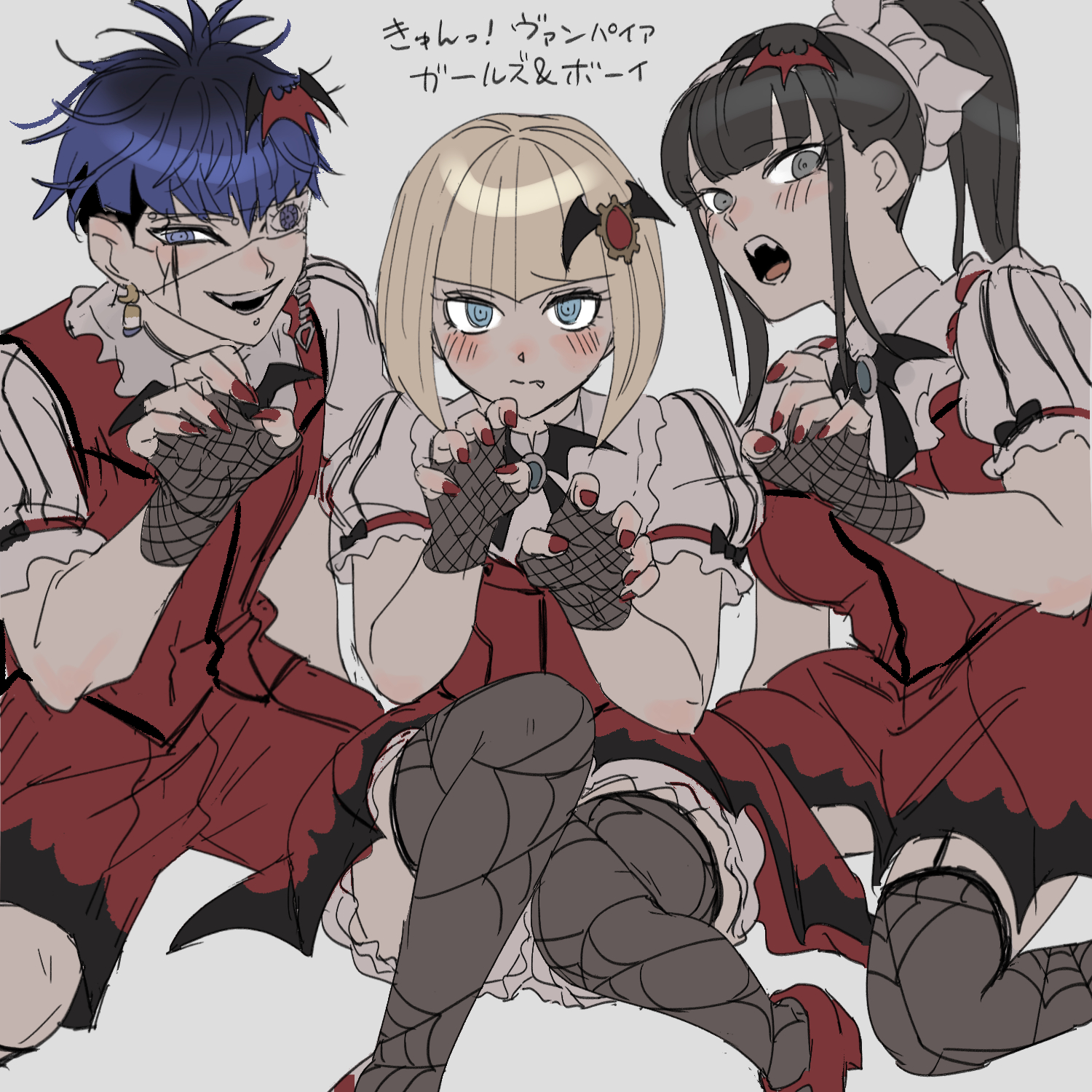 mihen, magadori kyoshika, omokage yugamu, oosuzuki kurara, the hundred line -last defense academy-, commentary request, highres, 1boy, 2girls, black hair, blonde hair, blue eyes, blue hair, blush, claw pose, dress, earrings, eye print, eyepatch, face piercing, fingerless gloves, fishnet gloves, fishnet thighhighs, fishnets, gem, gloves, grey background, grey eyes, grin, hair ornament, hairband, hands up, invisible floor, jewelry, labret piercing, long hair, looking at viewer, multicolored hair, multiple girls, open mouth, piercing, ponytail, print eyepatch, red dress, red gemstone, red nails, red shorts, red vest, roots (hair), short hair, shorts, sitting, smile, thighhighs, undercut, vest, white hairband